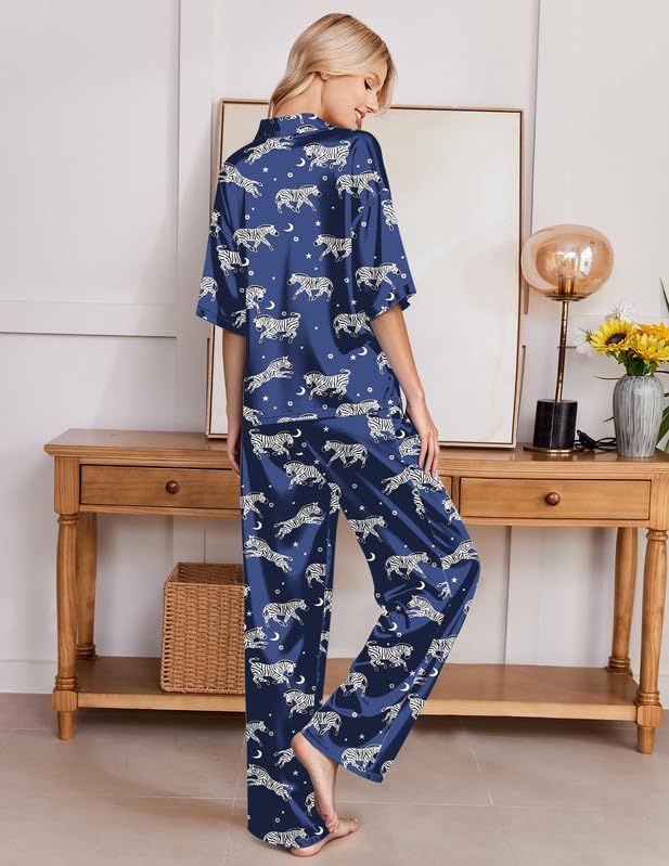 Image of Ekouaer Silk Satin Pajamas Set Women Short Sleeve Pj Sets Button Down Sleepwear 2 Piece Soft Loungewear S-XXL