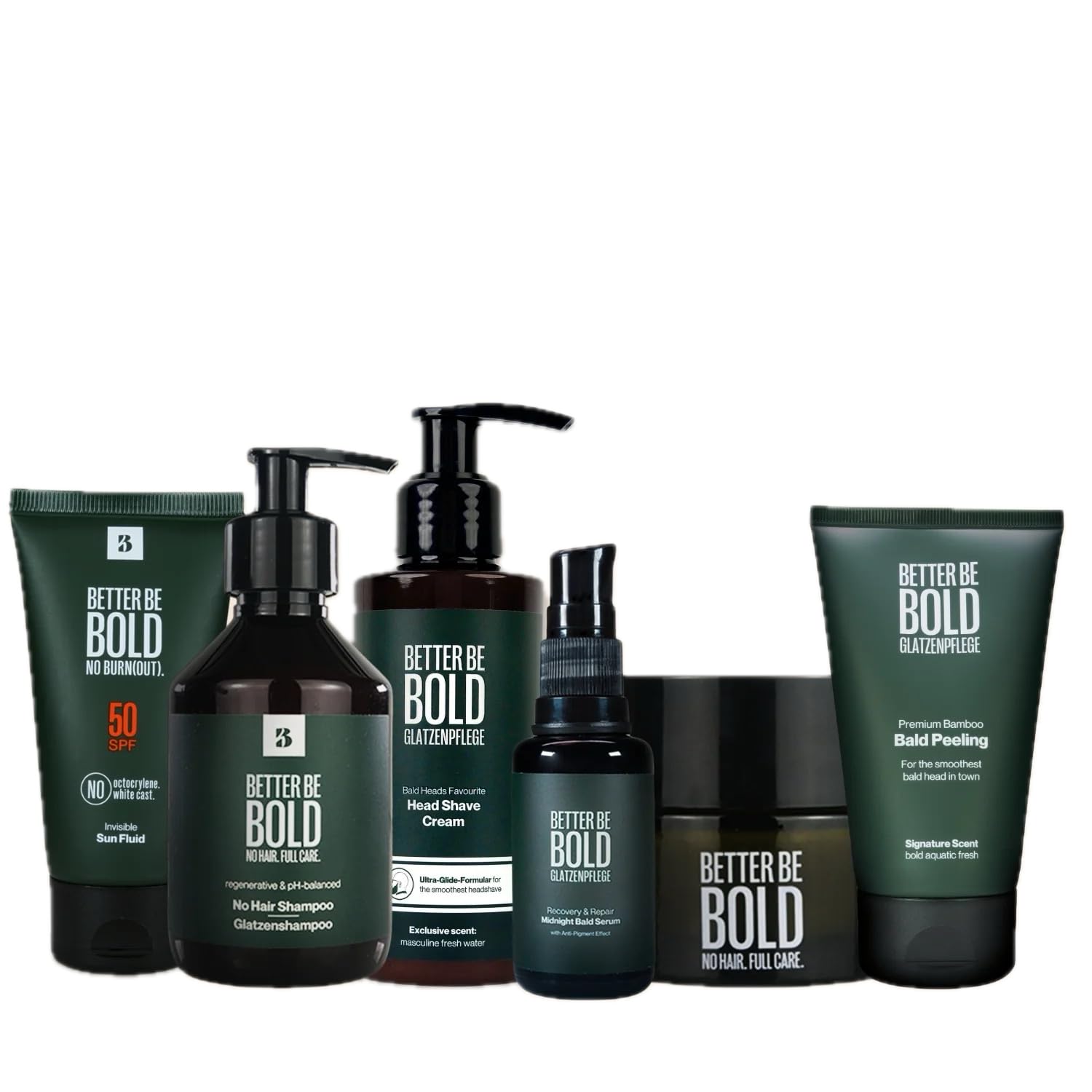 BETTER BE BOLD Glatzenpflege-Set 2.0 5-in-1 | Das Ultimative Set Gegen Glanz, Pigmentflecken & Trockenheit, Mit Glatzencreme, Sonnenschutz LSF 50, Peeling & Shampoo