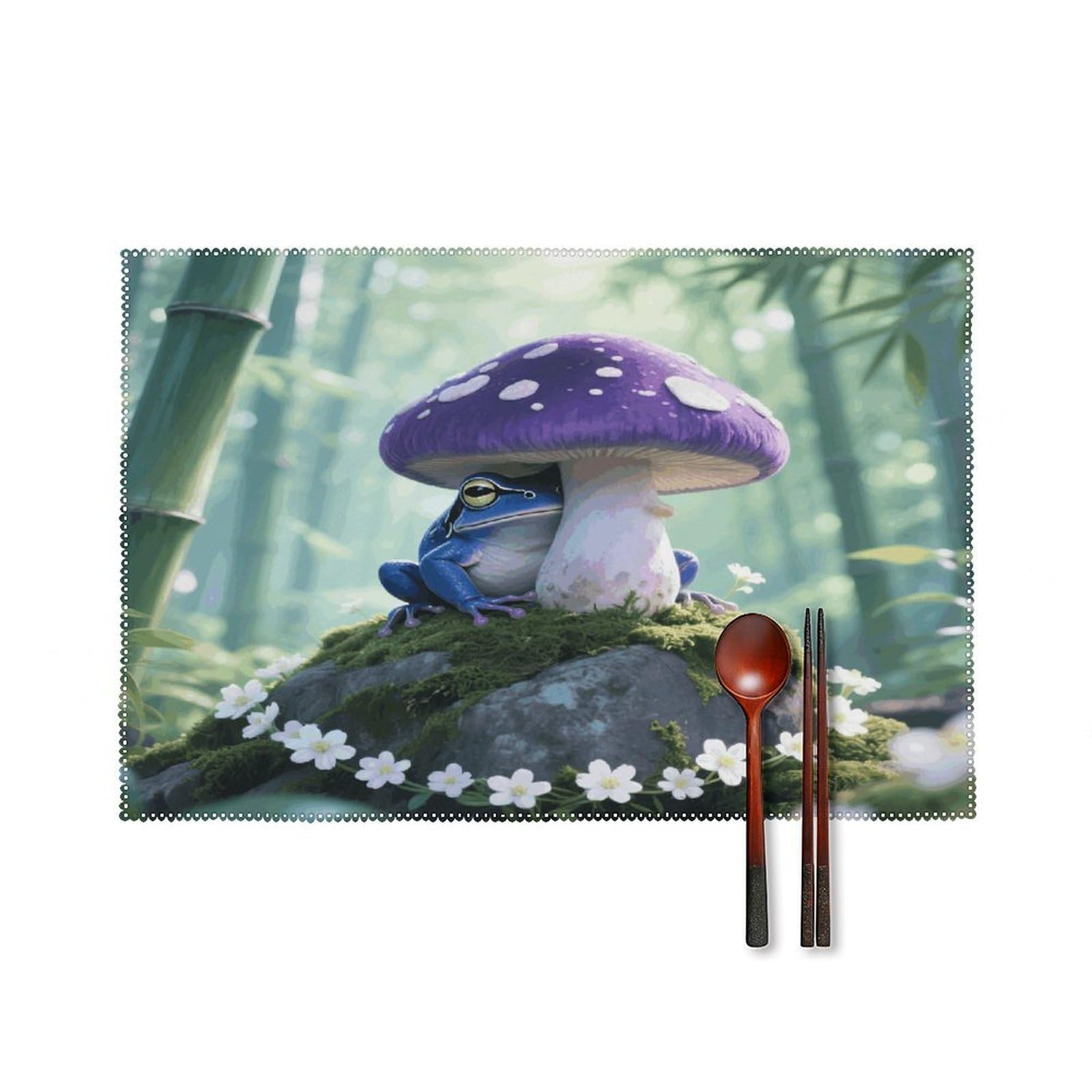 Frog Mushroom Aesthetic Placemats Set of 6 17.7 X 11.8 Inch Heat Resistant Canvas Place Mats Outdoor Place Mat Non-Slip Washable Rustic Table Mats for Dining Kitchen Party Placemats