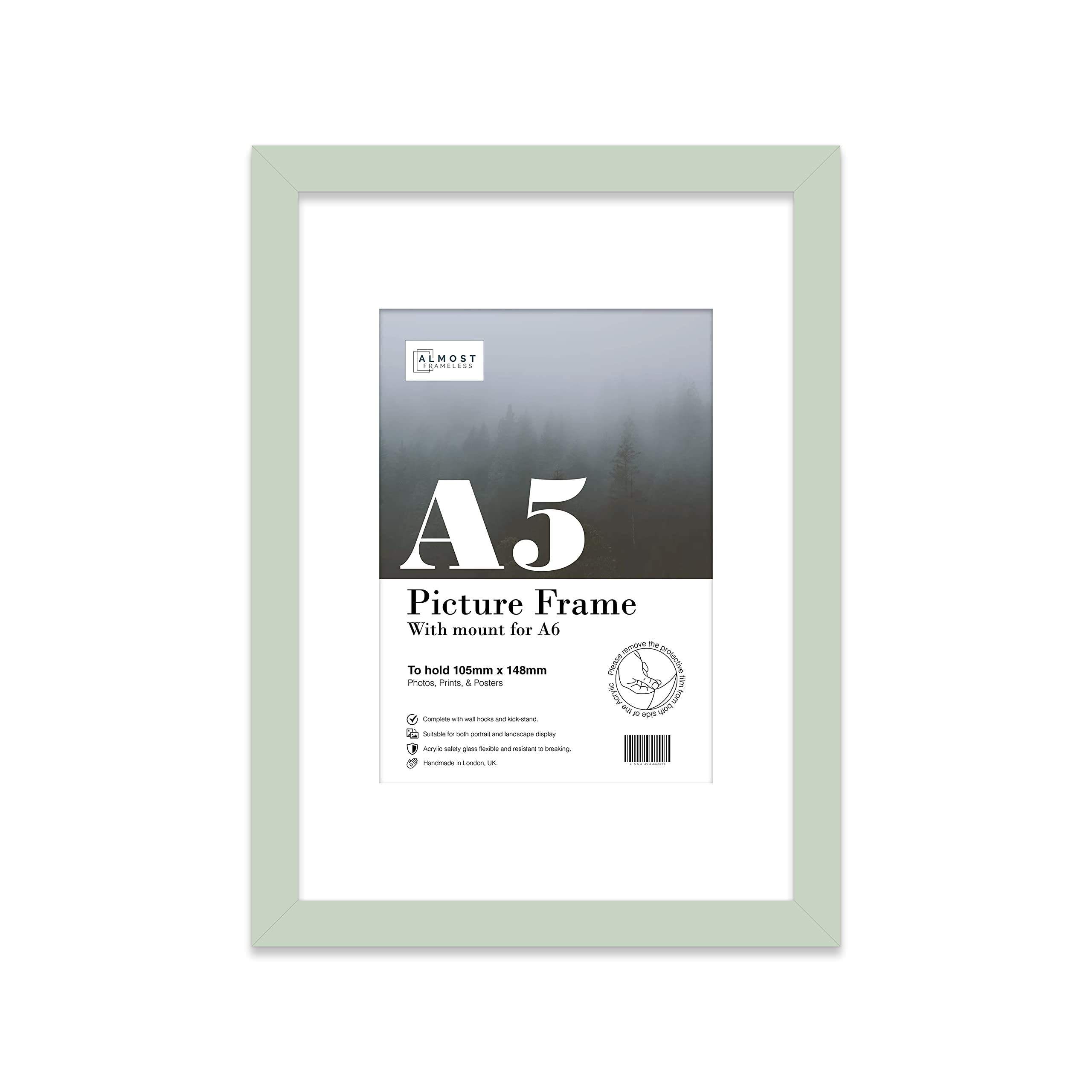 Almost Frameless A5 Mint Green Picture Frame With Mount for A6 (10.5 x 14.8cm - 4.1 x 5.8in) Poster, Photo, Artwork, or Print. Thin Edge Slim Frame Portrait and Landscape Display with Wall Hooks