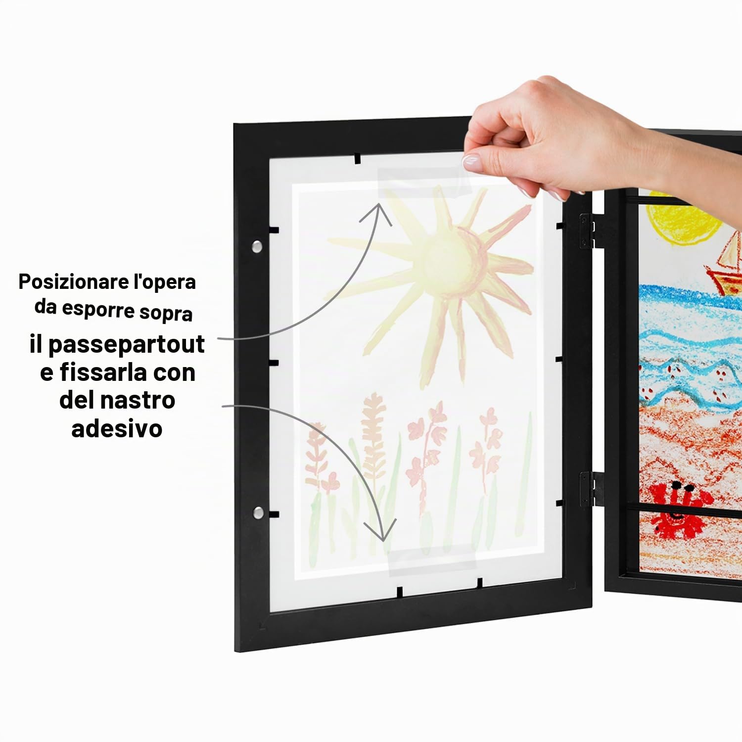 Americanflat Cornice Porta Disegni per Bambini (Nero) - Cornice A4 da Parete con Passepartout e 25,5x32 cm Senza Passepartout - Apertura Frontale con Vetro Infrangibile