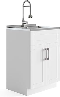 SIMPLIHOME Hennessy All-in-One 24 inch Wide Utility Sink and Laundry Cabinet in Pure White Finish, Transitional Stainless Steel Sink Cabinet for Laundry Rooms with High-Arch Chrome Faucet and Storage