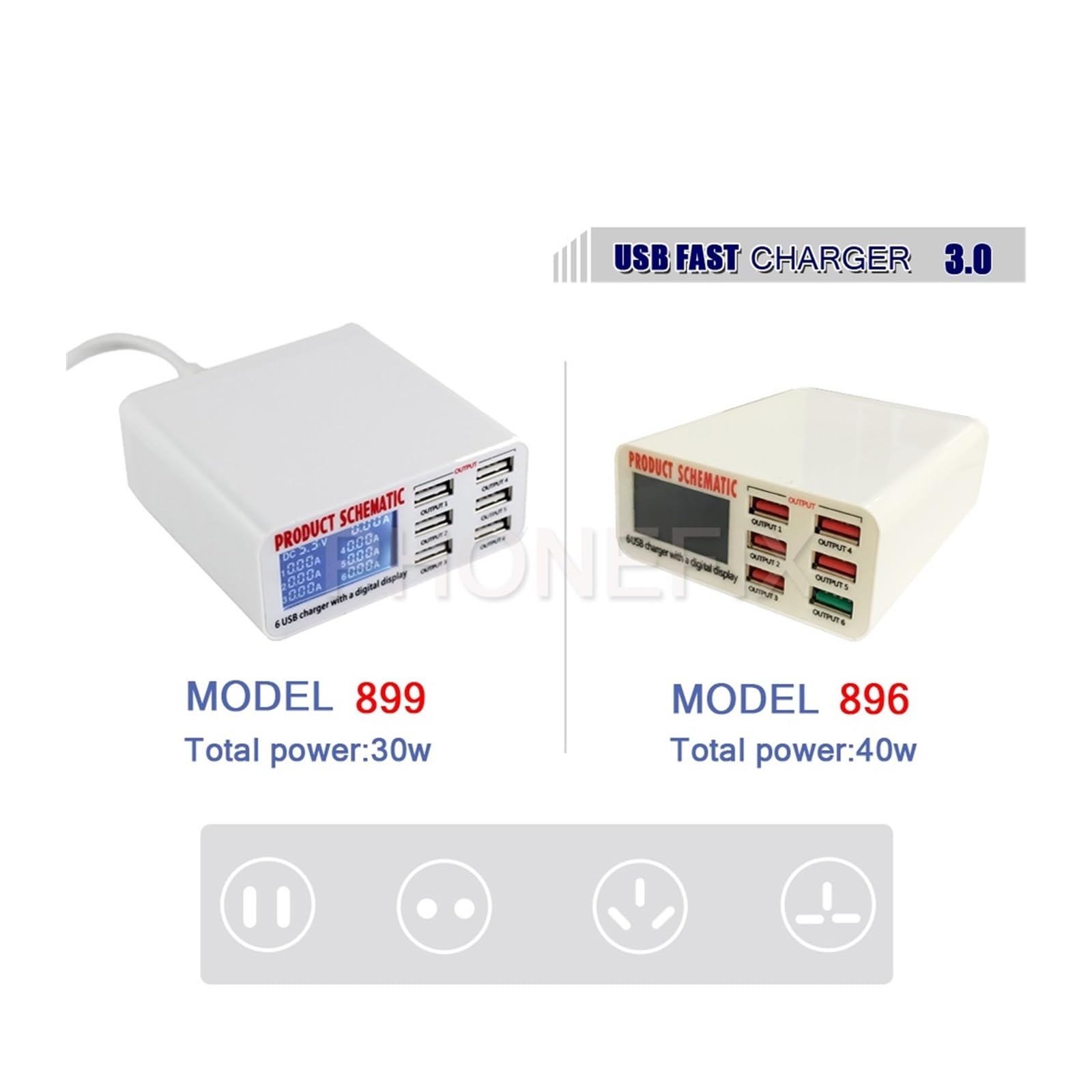 Stazione Ricarica, 6 Porte USB Caricatore A Ricarica Rapida Display LED Stazione Di Ricarica USB Multipla Dock Ricarica Universale For Telefono Cellulare(40W-896,P)
