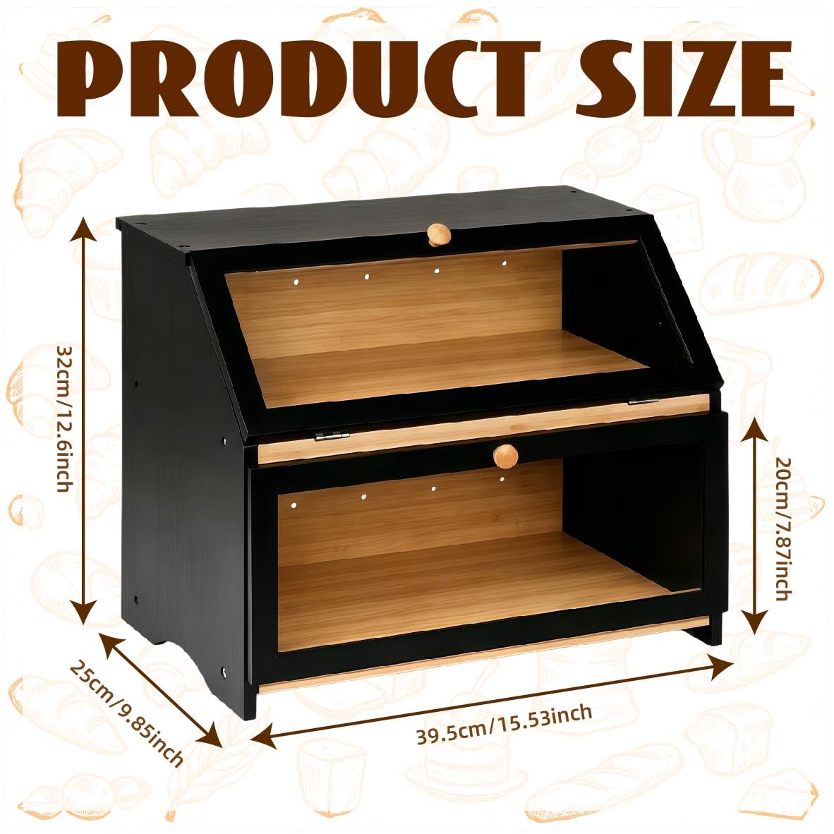 MEETOZ 2-lagiger Bambus-Brotkasten, große Kapazität, Brotaufbewahrungsbehälter mit klarem Acrylfenster, schwarze Brotkörbe für Küche, für selbstgemachtes Brot, Desserts, Gewürzflaschen, Flaschen