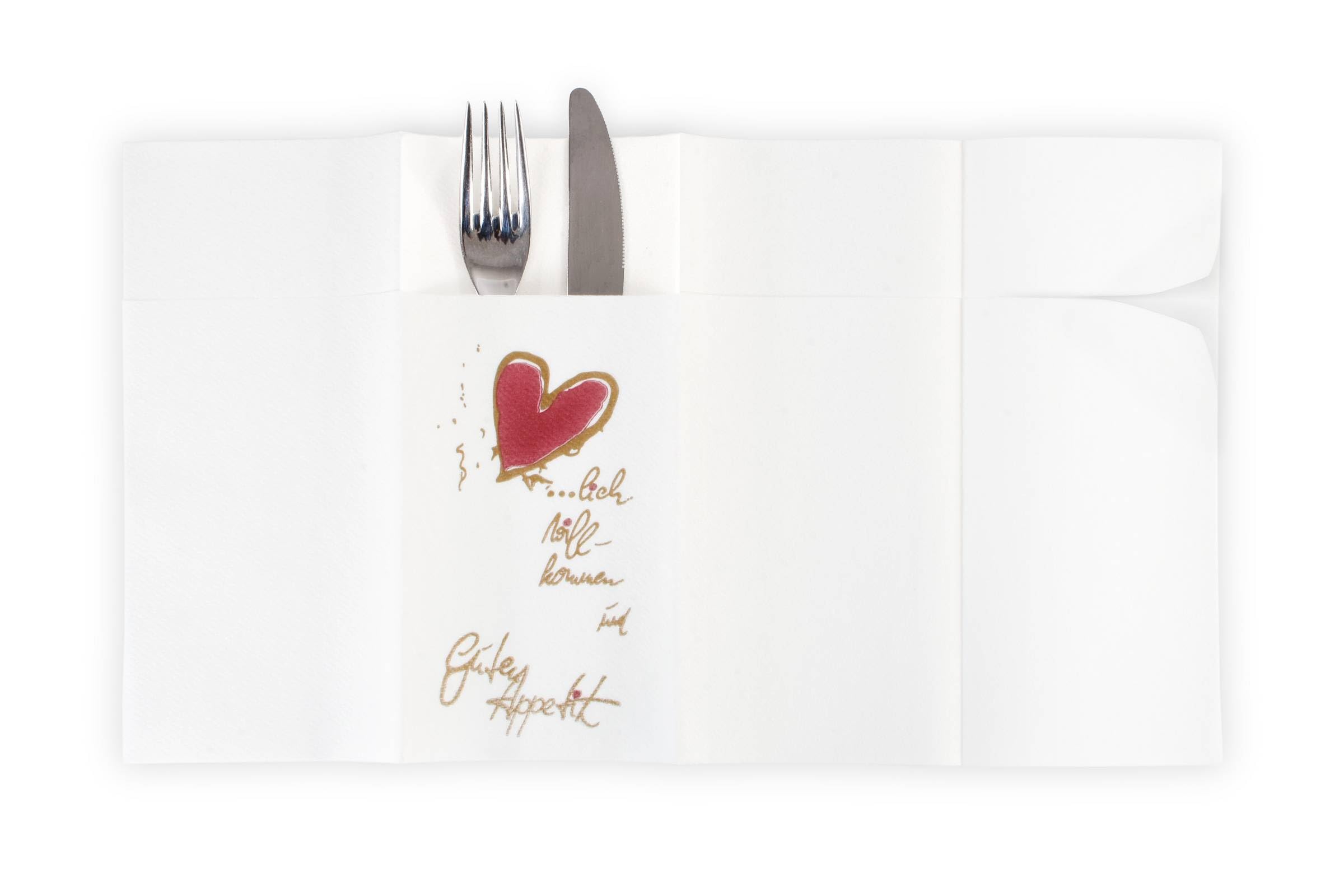 1000x Hypafol „Herzlich Willkommen“ Bestecktaschen | Airlaid Bestecktasche in 40x40cm | fertig gefaltete Serviette mit Schlitz | 1/8 Falz | Stoffähnliche Serviette mit Motiv (1000)