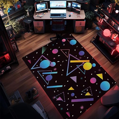 Miniatura 4 de Alfombra de arcade de neón de 2 x 3 pies, estilo retro de los años 80, antideslizante, patrón geométrico, estilo Memphis, decoración del hogar