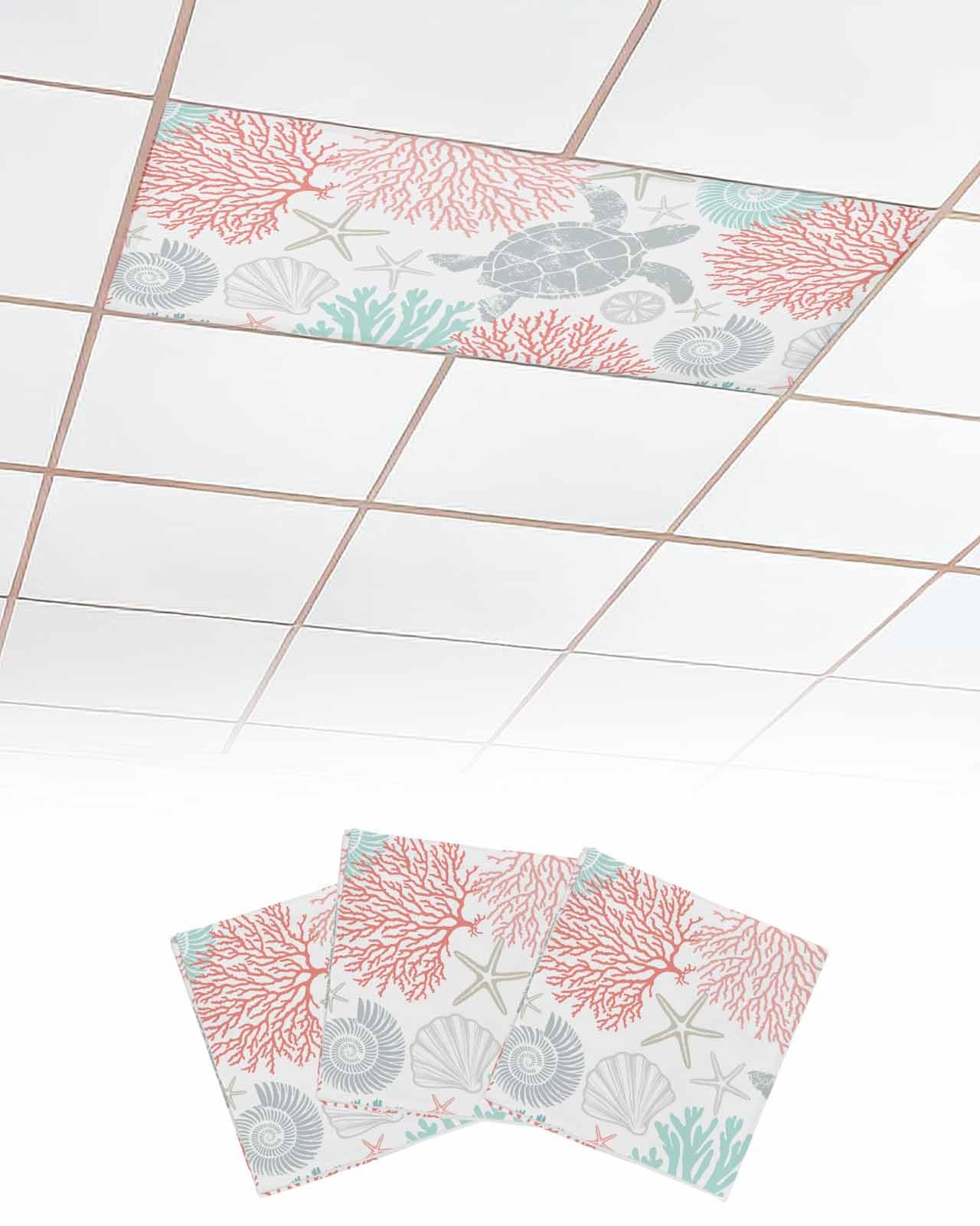 EwdeWwo Ocean 3 Pcs Fluorescent Light Covers for Ceiling Lights, Gray Red Sea Turtle Coral Starfish Magnetic Light Filters for Eliminate Harsh Glare Classroom Office Decoration, 4 x 2 Ft