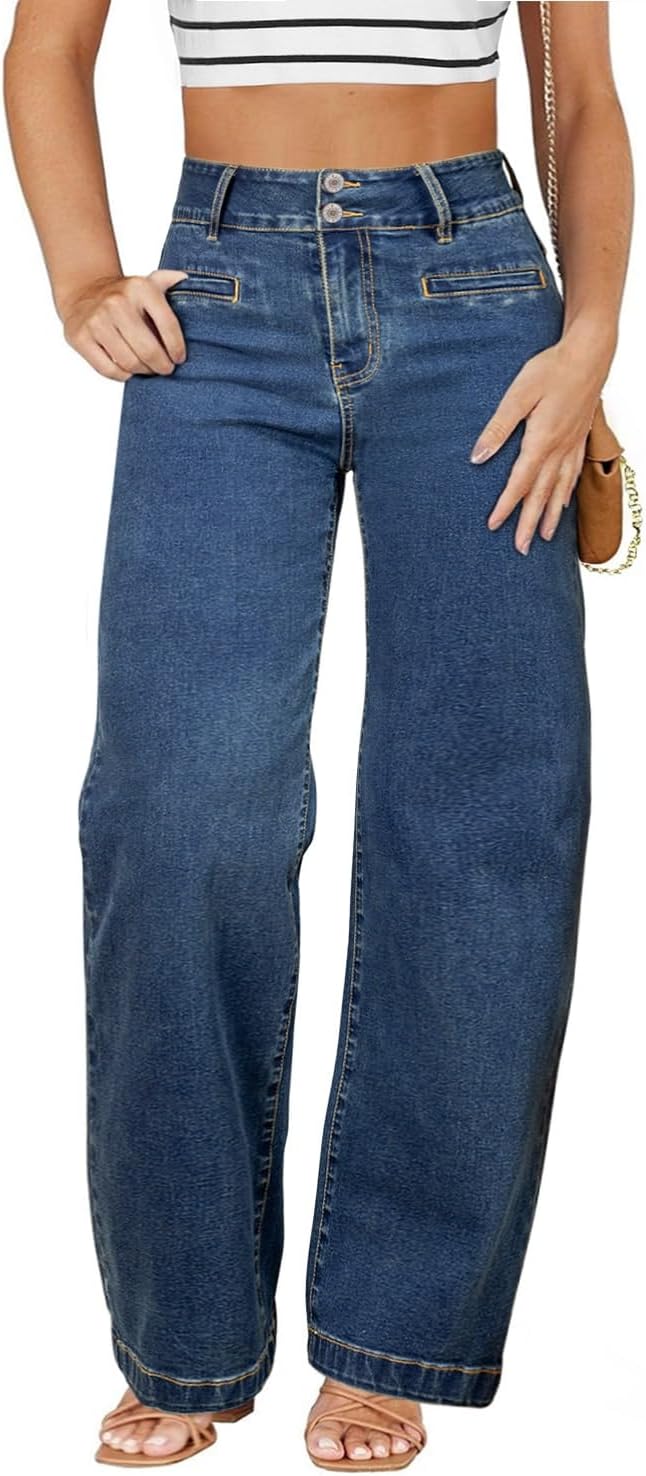 Eytino Women Plus Size Wide Leg Jeans High Waisted Stretchy Straight Leg Jeans Loose Trendy Denim Pants(1X-5X)