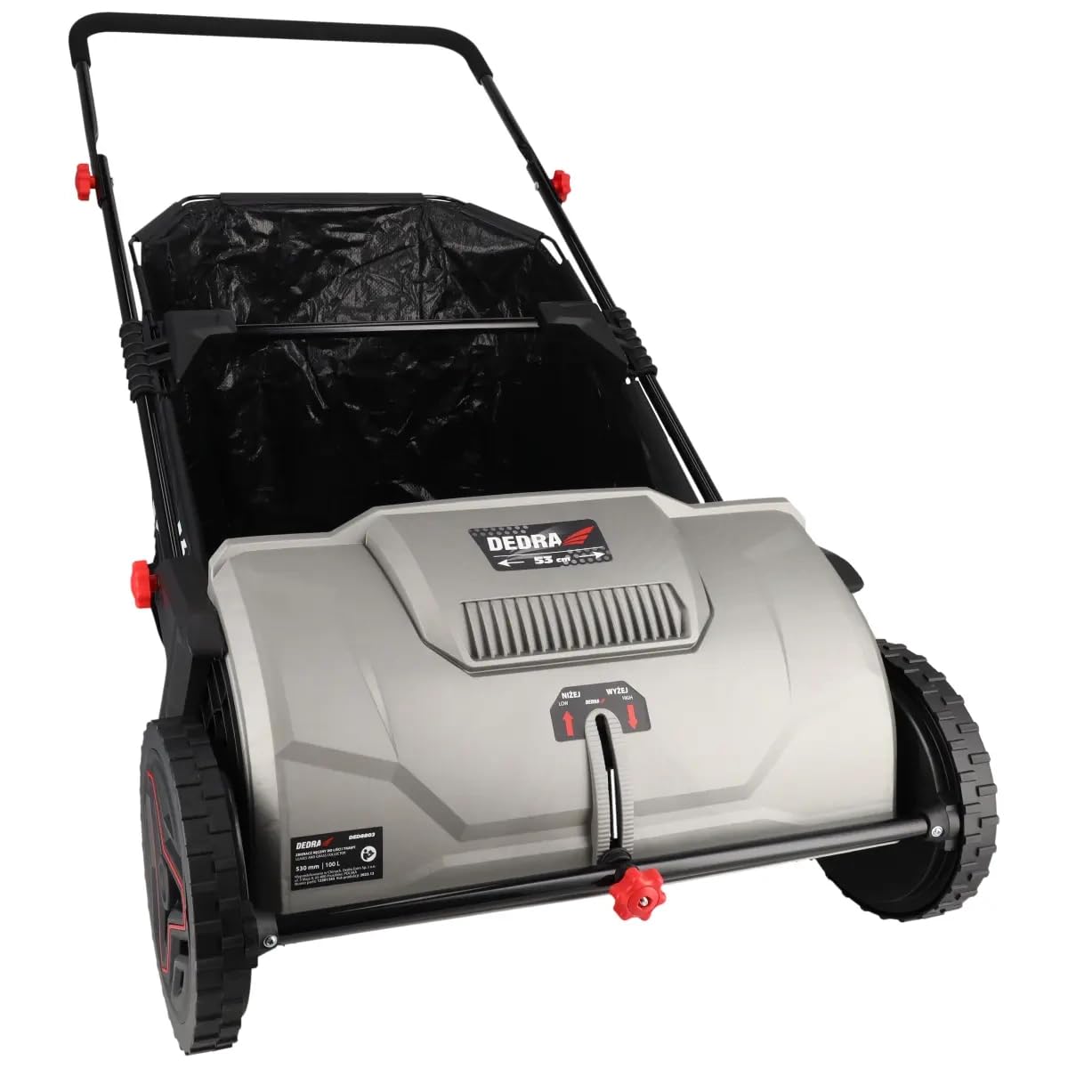 Barredora de césped Manual, recogedor de Hojas y césped Dedra, Ancho de Recogida de 530 mm, Saco de 100 l, Ruedas robustas de 250 mm, Ligero y manejable 7 kg, Manillar Ajustable