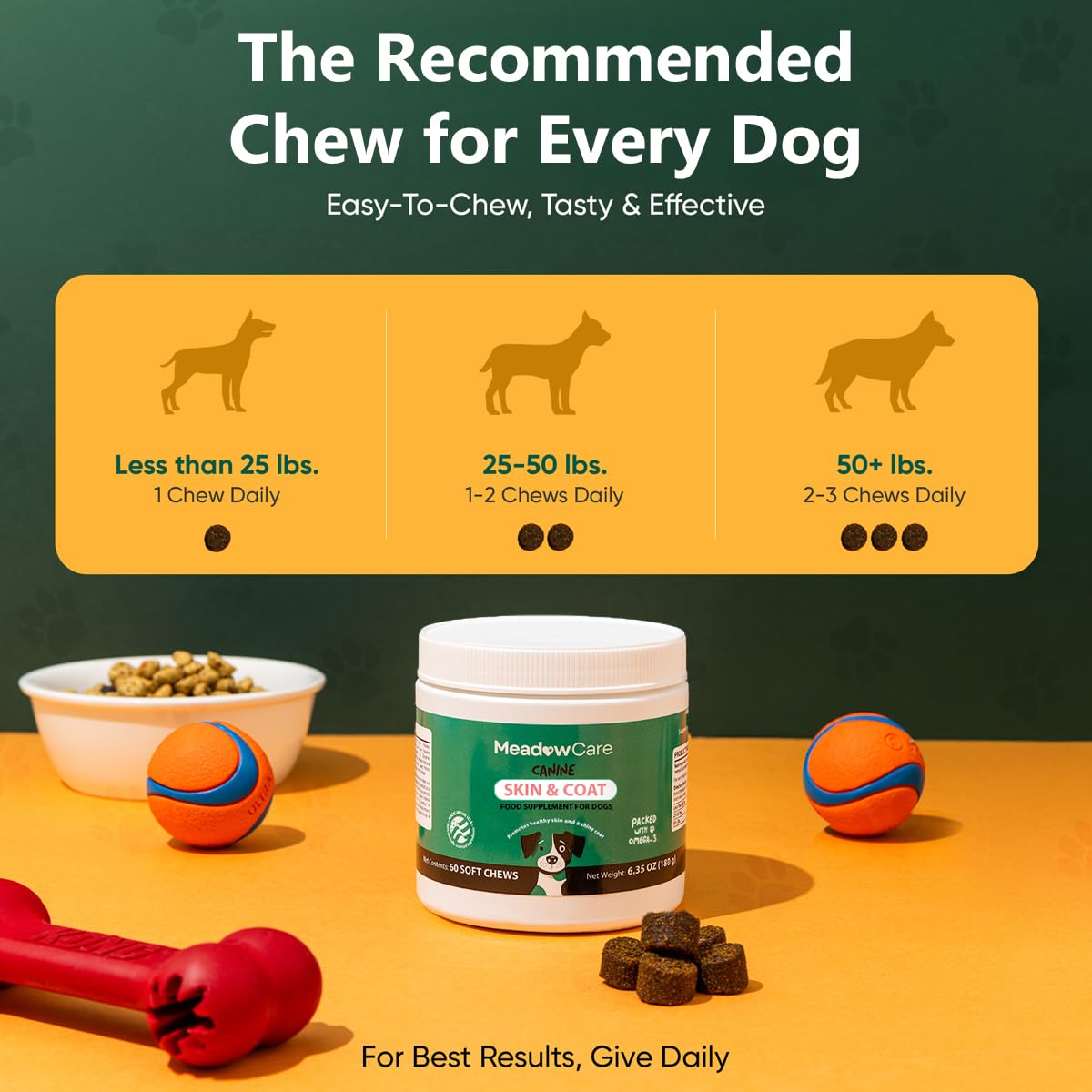 Skin and Coat Supplement for Dogs | Omega 3 Fatty Acid Formula to Support Canine Healthy Skin, Reduce Shedding, and Improve a Glossy, Shiny Coat | 60 Tasty Soft Chews 180g (6.35 oz) | by MeadowCare — Amazon image 5