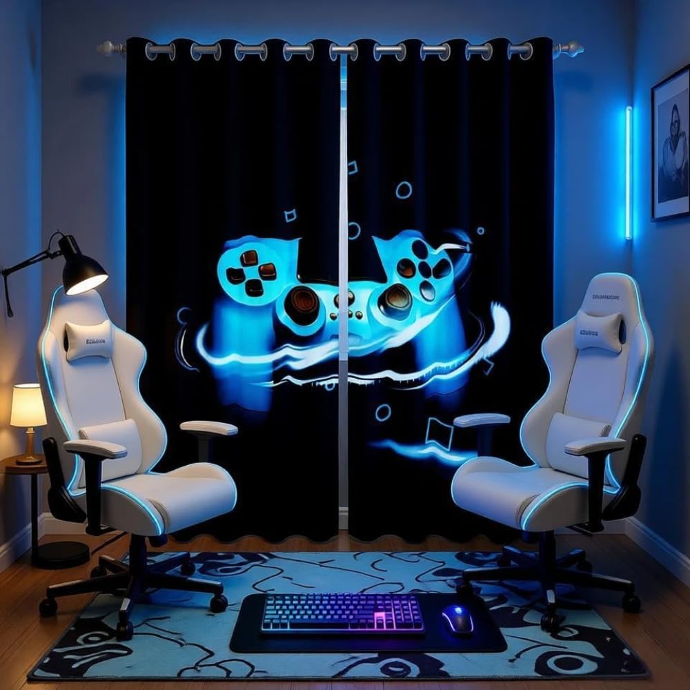 Loussiesd Boys Game Curtains Geometric Grid Triangle Circle Curtains for Bedroom Living Room Kids Teens Gamer Video Game Gamepad Windows Drapes Game Controller Room Decoration,Black,Blue,W66*L90 โ image 1