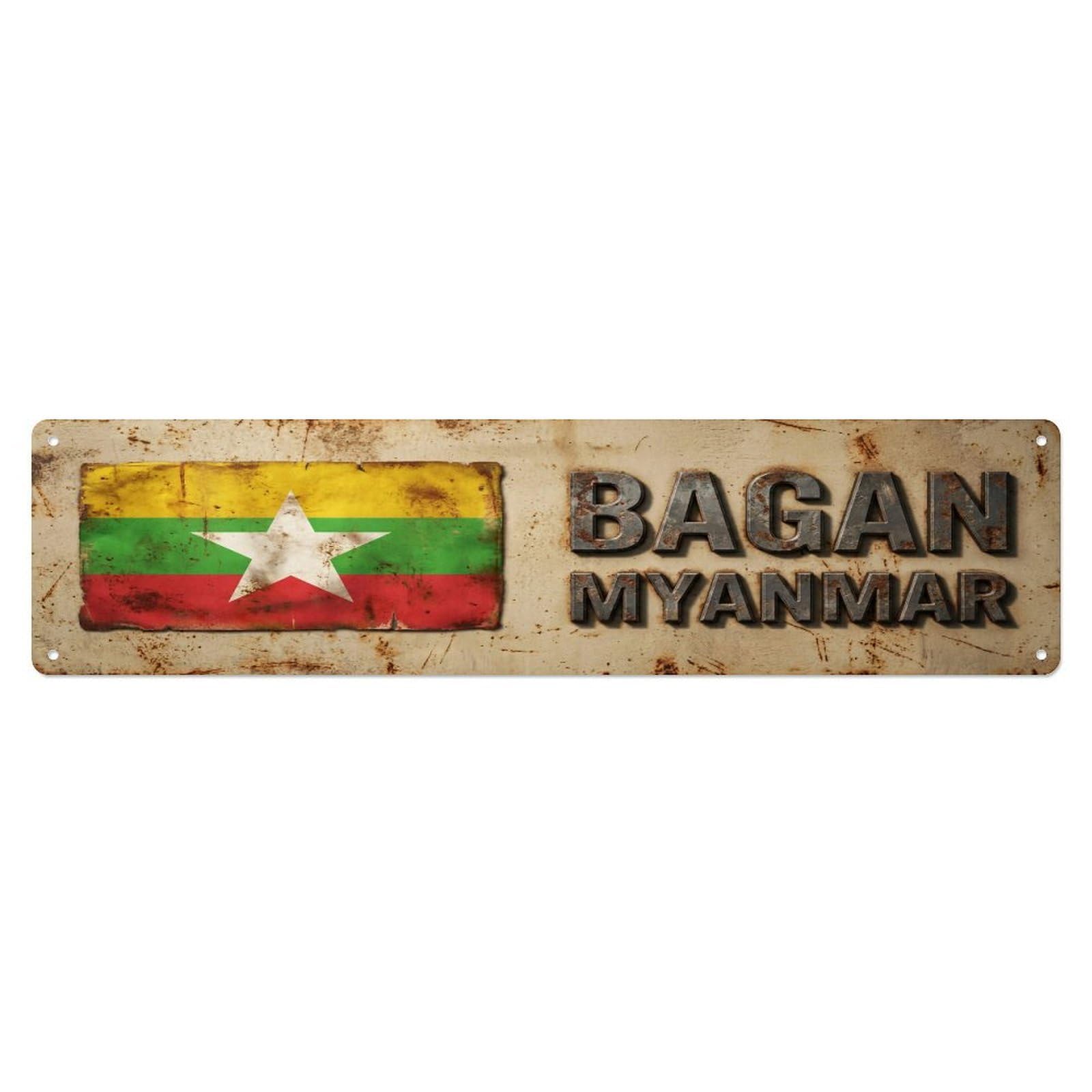 Okahys 4X16inch(10X40cm) Vintage Bagan Myanmar Flag Decor Rustic Travel Metal Tin Sign