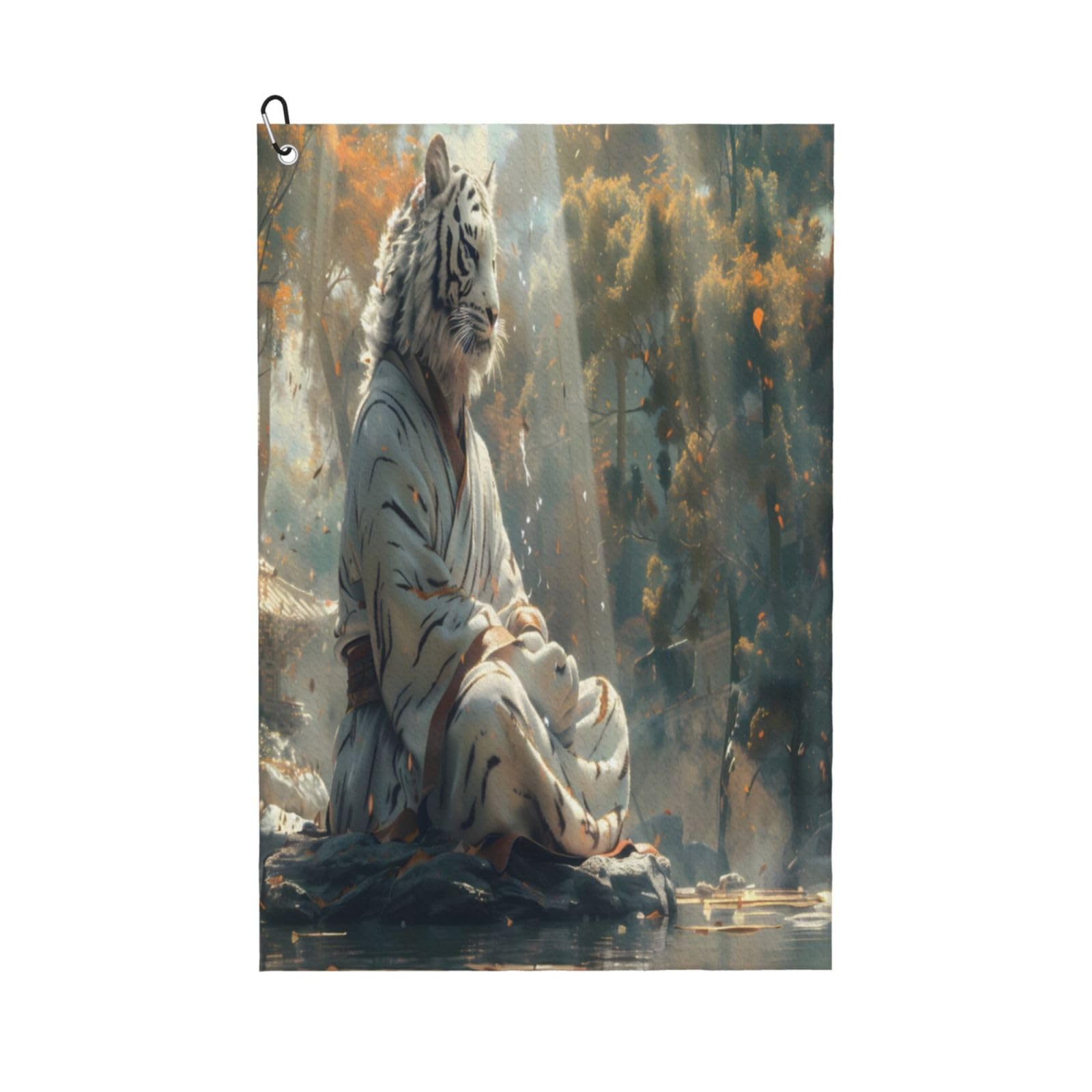 AOOEDM Meditating White Tiger Print Golf Towel with Carabiner Clip Absorbent Microfiber Golf Towel for Cleaning Golf Ball Club Putter Iron for Golf Bag Trolly Belt Loop 16" X 24"
