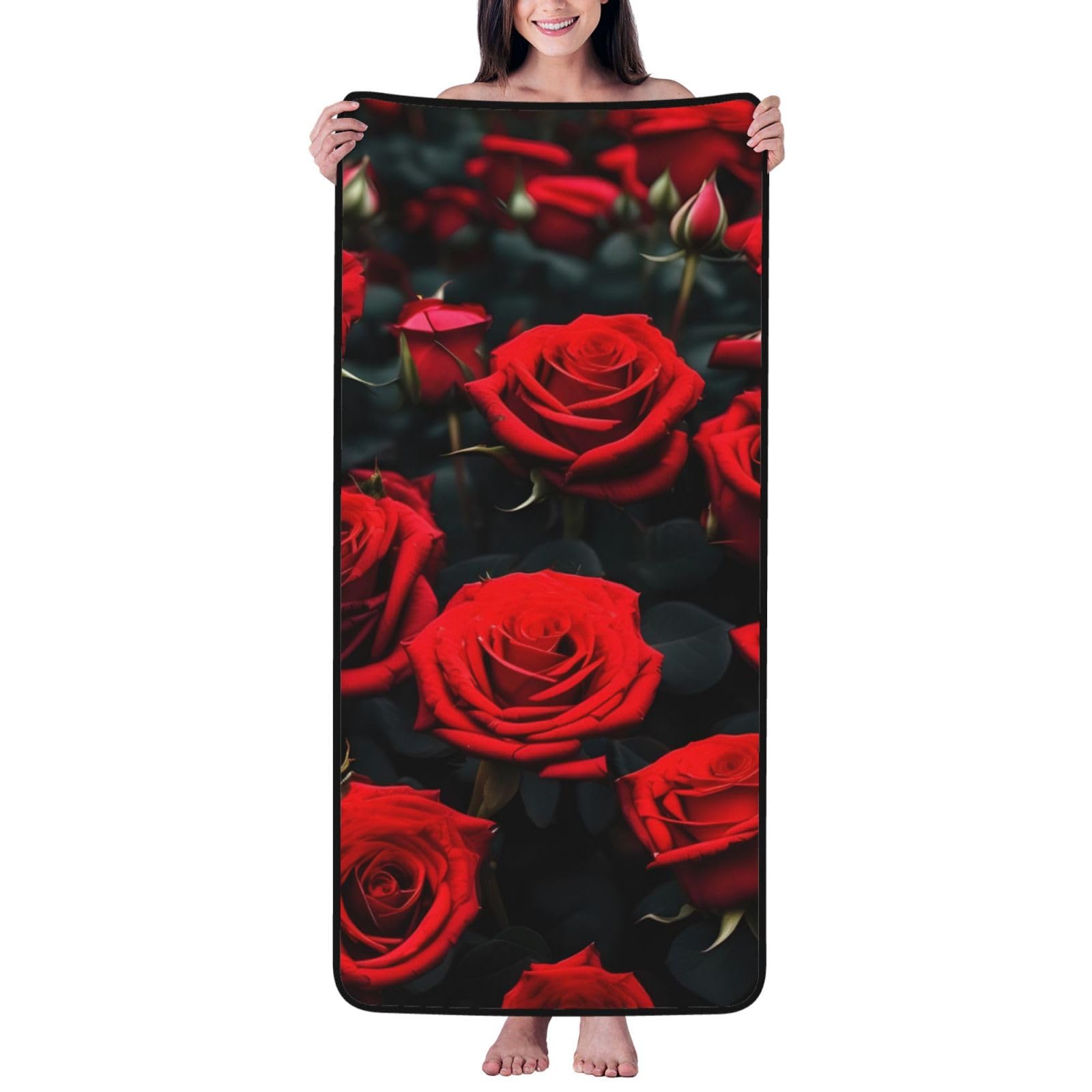 Nimongt Unisex Black Many Red Rose Print Lightweight Comfort Coral Velvet Bath Towel Home Bathroom Hotel Spa Beach Travel
