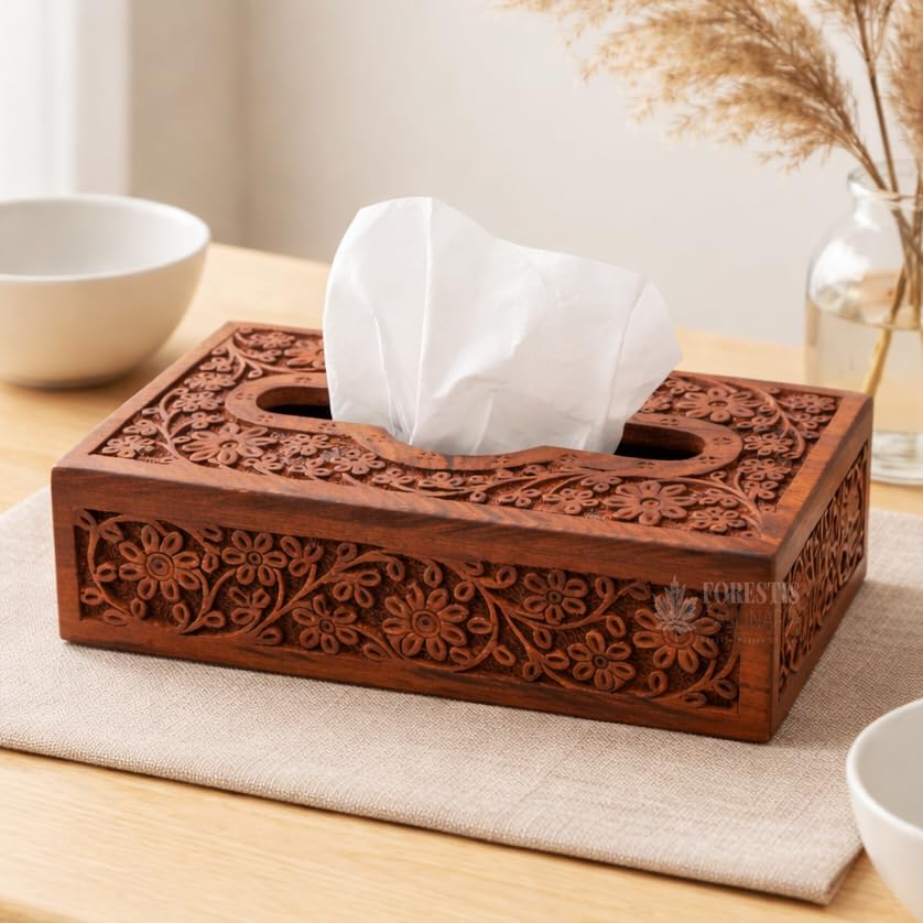 Image of Wooden Tissue Box| Acacia Wood Napkin Box| Tissue Holder Organizer for Table, Home, Office, Car| Rectangular Facial Paper Cloth Storage Case| Dispenser (9X5 Inches, Acara)