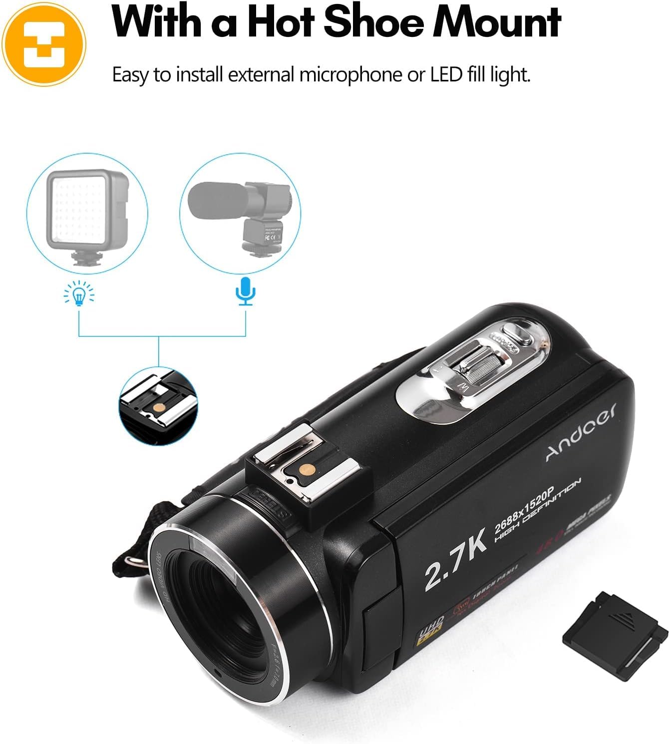 Andoer Caméra vidéo numérique 2.7 K,Enregistreur DV,48 MP,Zoom numérique 16x,Écran tactile IPS de 7.6 cm,Télécommande,Mini trépied,Microphone externe,Objectif macro grand angle 0.45 x