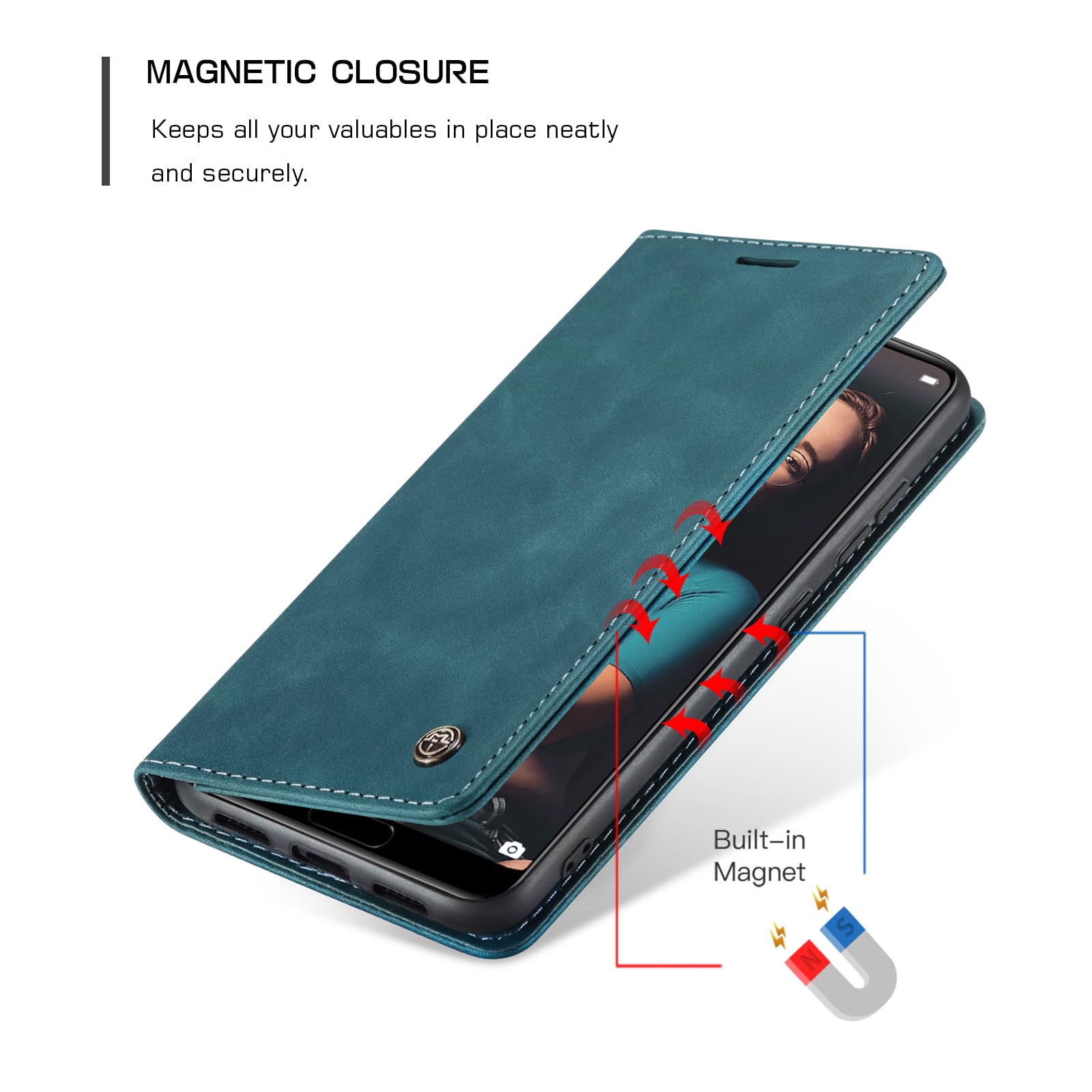 for Huawei P20 Case, Wallet Case Flip Leather with Card Holder Magnetic Closure Shockproof Kickstand Protective Phone Cases Cover for Huawei P20,Blue-Green — view 3