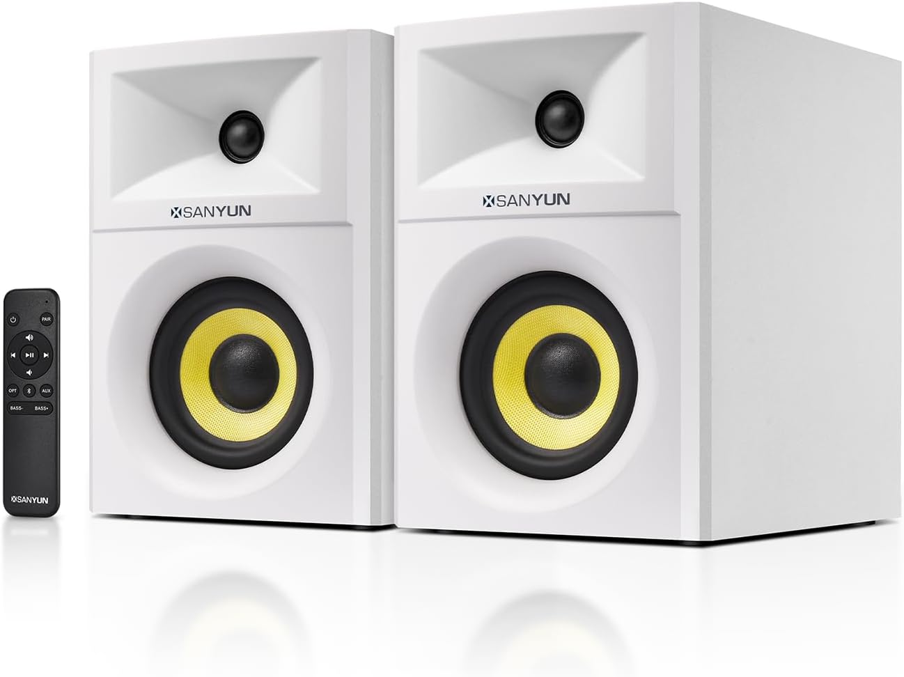 Sanyun SW205 80W Powered Bookshelf Speakers with 3D Soundstage | Precision DSP Spatial Audio & Geometric Cabinet | 4" Glass Fiber Woofer, Optical/Bluetooth 5.4/AUX, Wireless Remote (Pair, White)