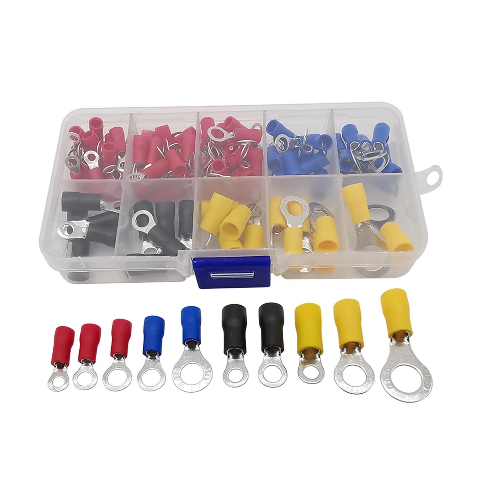 QMKADFQXF 102Pcs/Box RV Ring Terminal Electrical Crimp Connector Set Insulated Cold Pressed Terminal End Butt Assortment Kit With Box