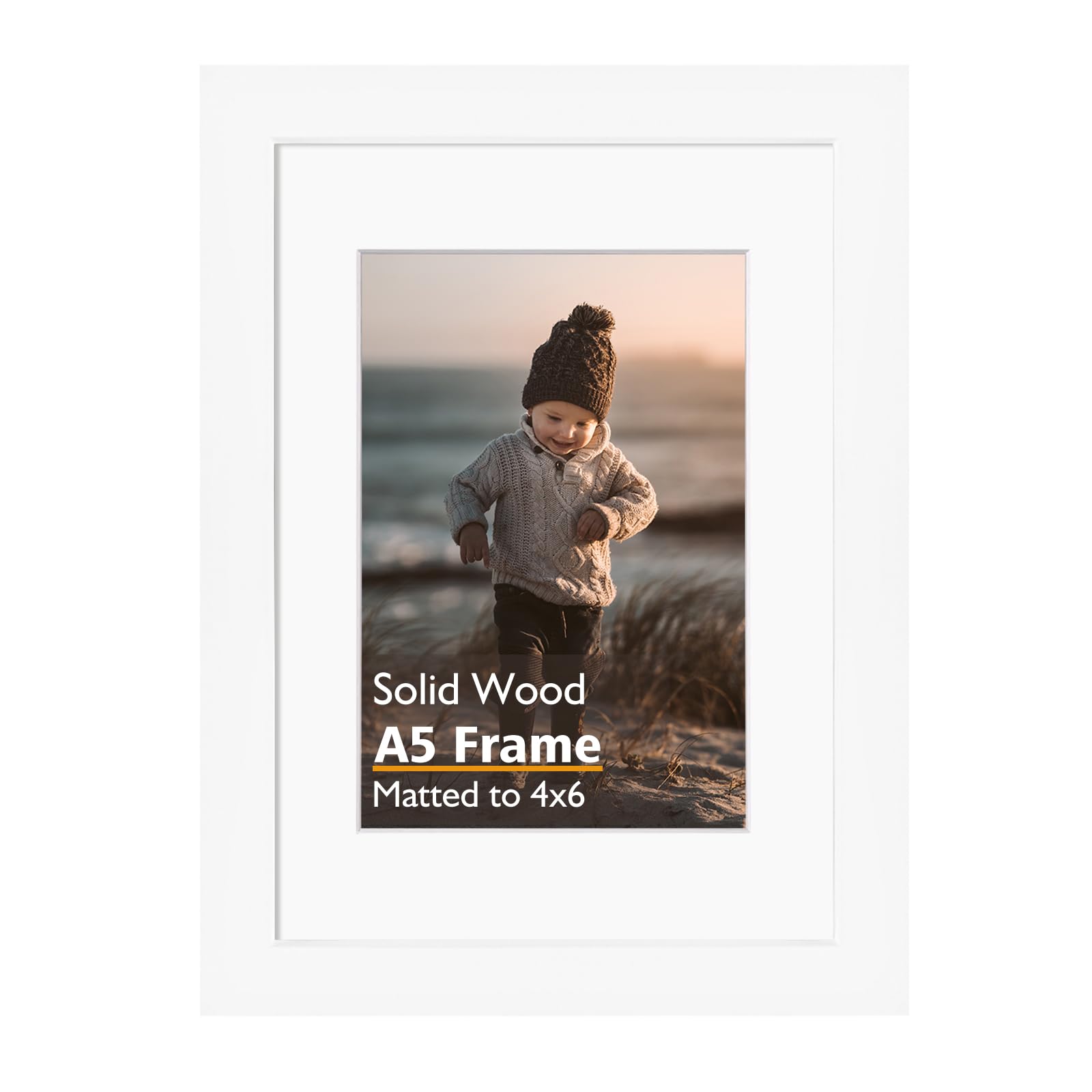 KINLINK A5 Picture Frame, White Solid Wood Frame with Acrylic Plexiglass for Pictures 4x6 with Mat or A5 without Mat, Tabletop and Wall Mounting