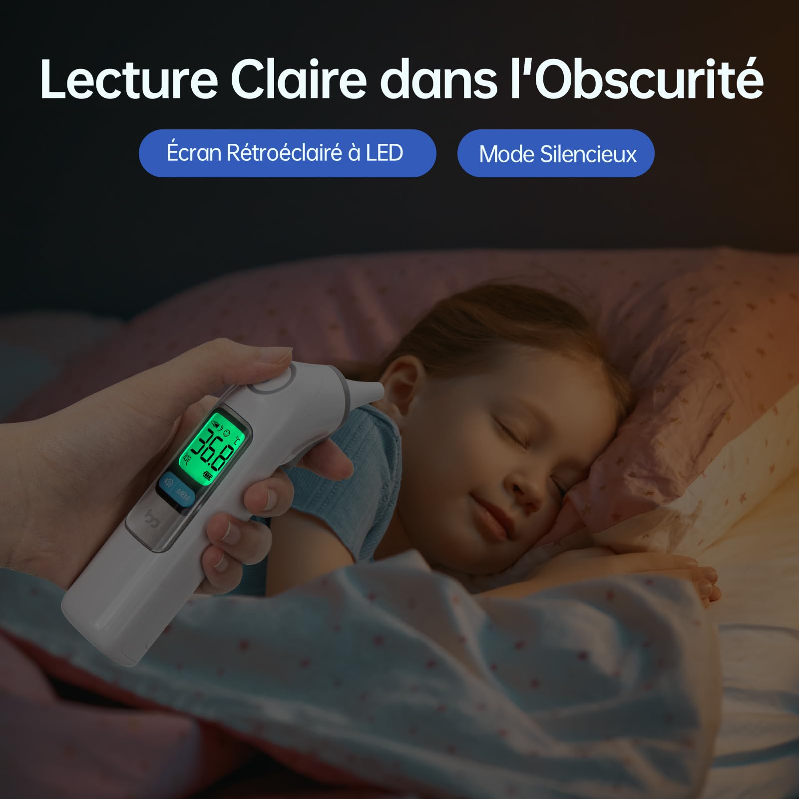 Thermomètre Auriculaire, Précision Professionnelle, Code d'alerte Fièvre à 3 couleurs, Mode Silencieux, Stockage des Lectures, avec 24 Couvre-Sondes Jetables Thermomètre pour Adultes et Bébés