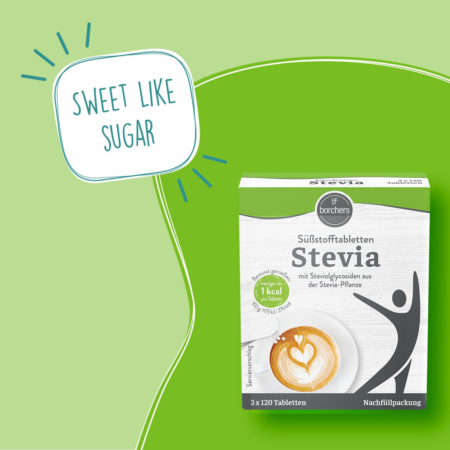 BORCHERS Stevia Süßstofftabletten Nachfüllpack, Tafelsüße 6x 360 Tabletten, Stevia-Zucker-Mischung, kalorienarm, praktischer Spender, Süßungsmittel, Zuckeralternative
