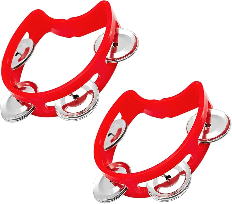 2PCS Red Plastic Tambourines, Handheld Percussion Instruments with 4 Jingle Bells, Musical Rhythm Instruments for Kids Adults School and Party