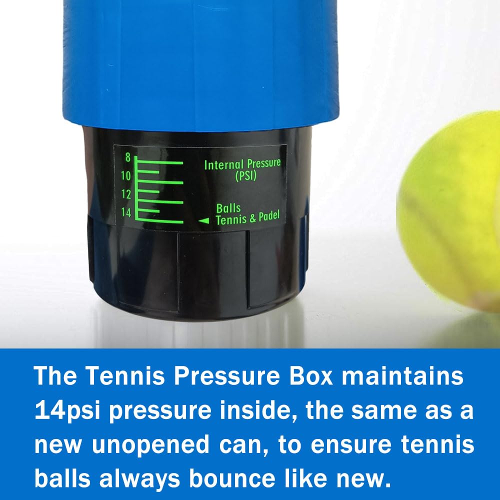 Presurizador de pelotas de tenis y caja de almacenamiento, 14 PSI, restaura 3 pelotas de tenis a un rebote como nuevo, azul