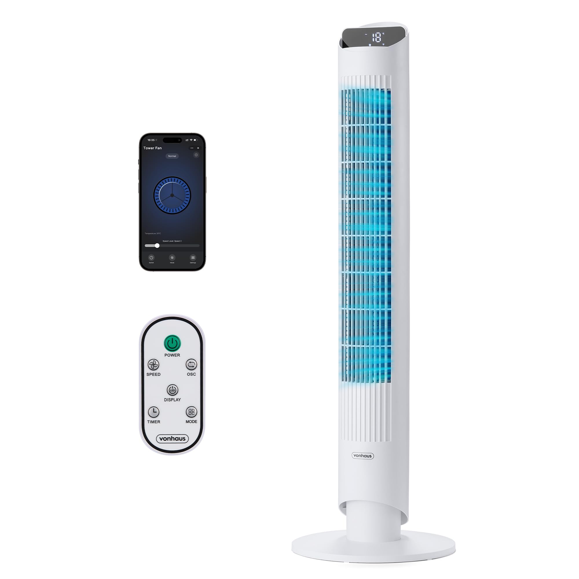 VonHaus Turmventilator 102 cm, Elektrischer Standventilator mit WiFi, Smart Steuerung Alexa/Google Home, Fernbedienung, 12H Timer, 70° Oszillation