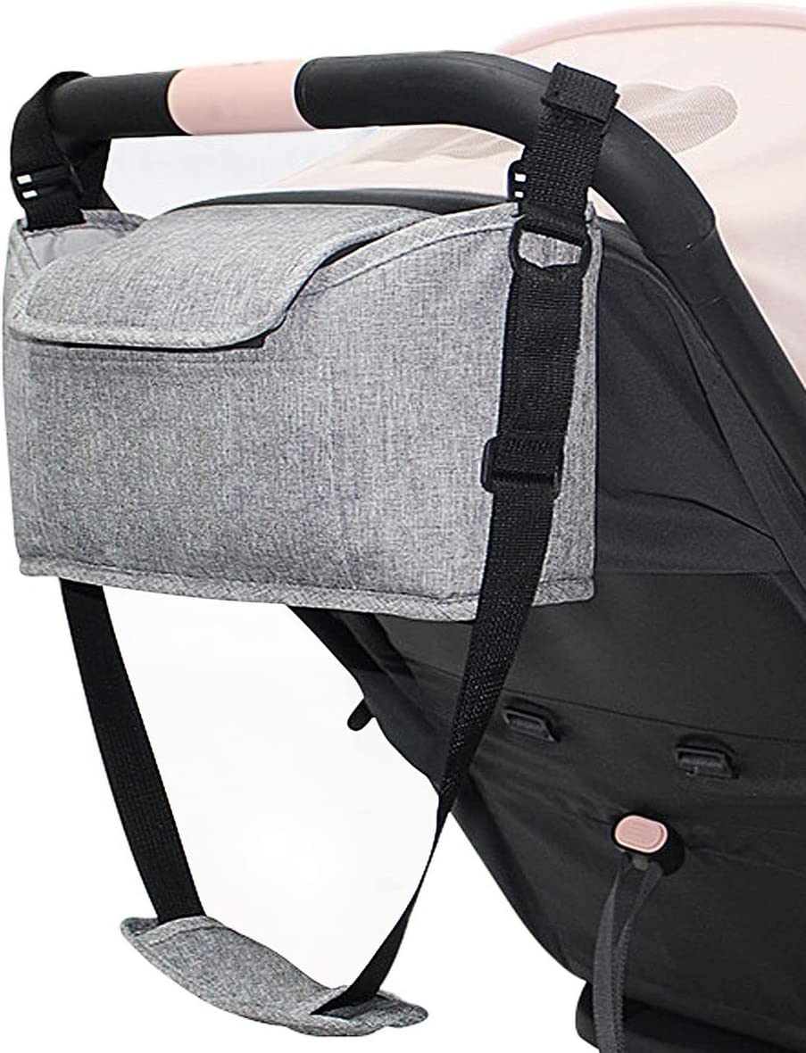 AOOPOO Stroller Organizer Pram Bag,Pram Buggy Organiser Bag Universal Baby Stroller Storage Bag Pushchair Organiser with Mobile Phone Pocket,Zipper Pocket,2 Cup Holders & Shoulder Strap (Grey)