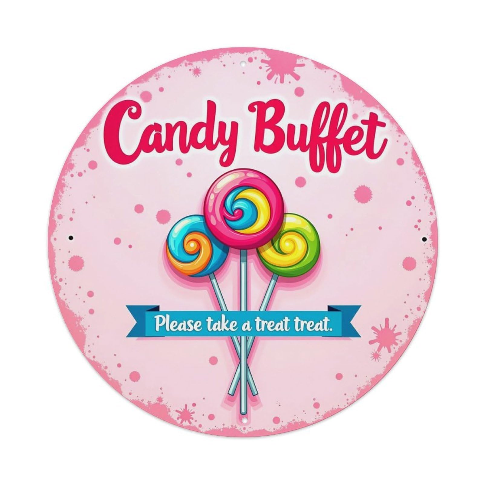 Candy Buffet Lollipops Pink Background Vintage Round Tin Sign Retro Metal Wall Decor Metal Poster, Home Bar Garage Cafe Wall Art Decoration 8x8Inches