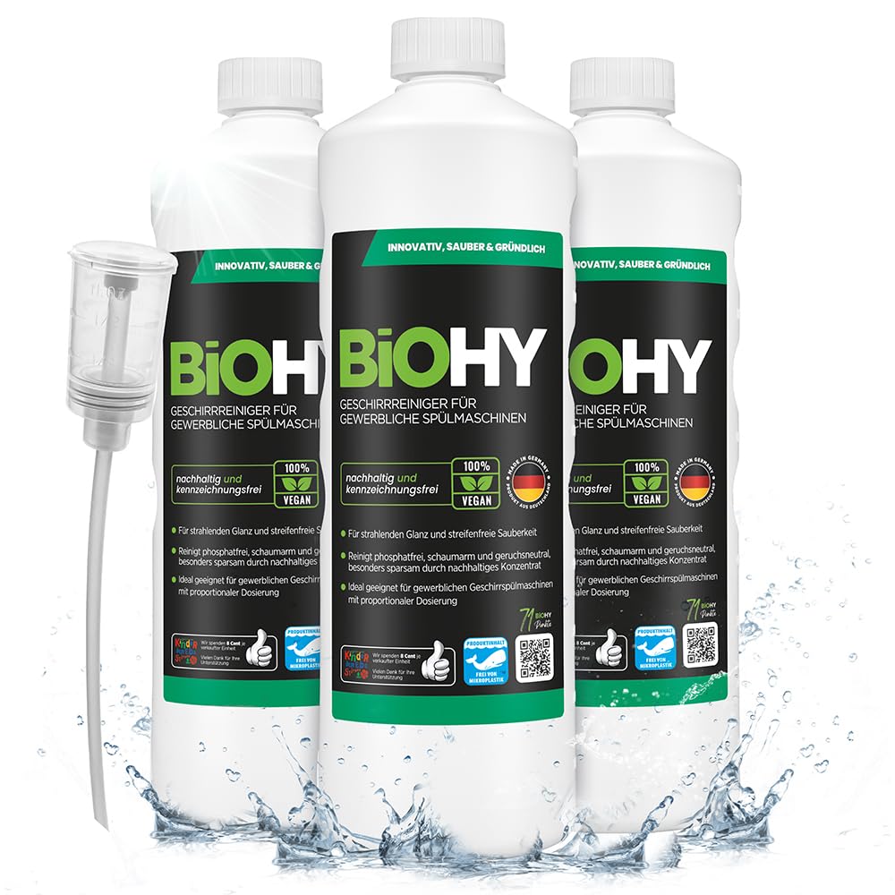 BiOHY Detergente para lavavajillas comercial (3 botellas de 1 litro) + Dosificador | Fórmula para disolver el las grasas | Apto para gastronomía, industria y hogares (Geschirrreiniger)