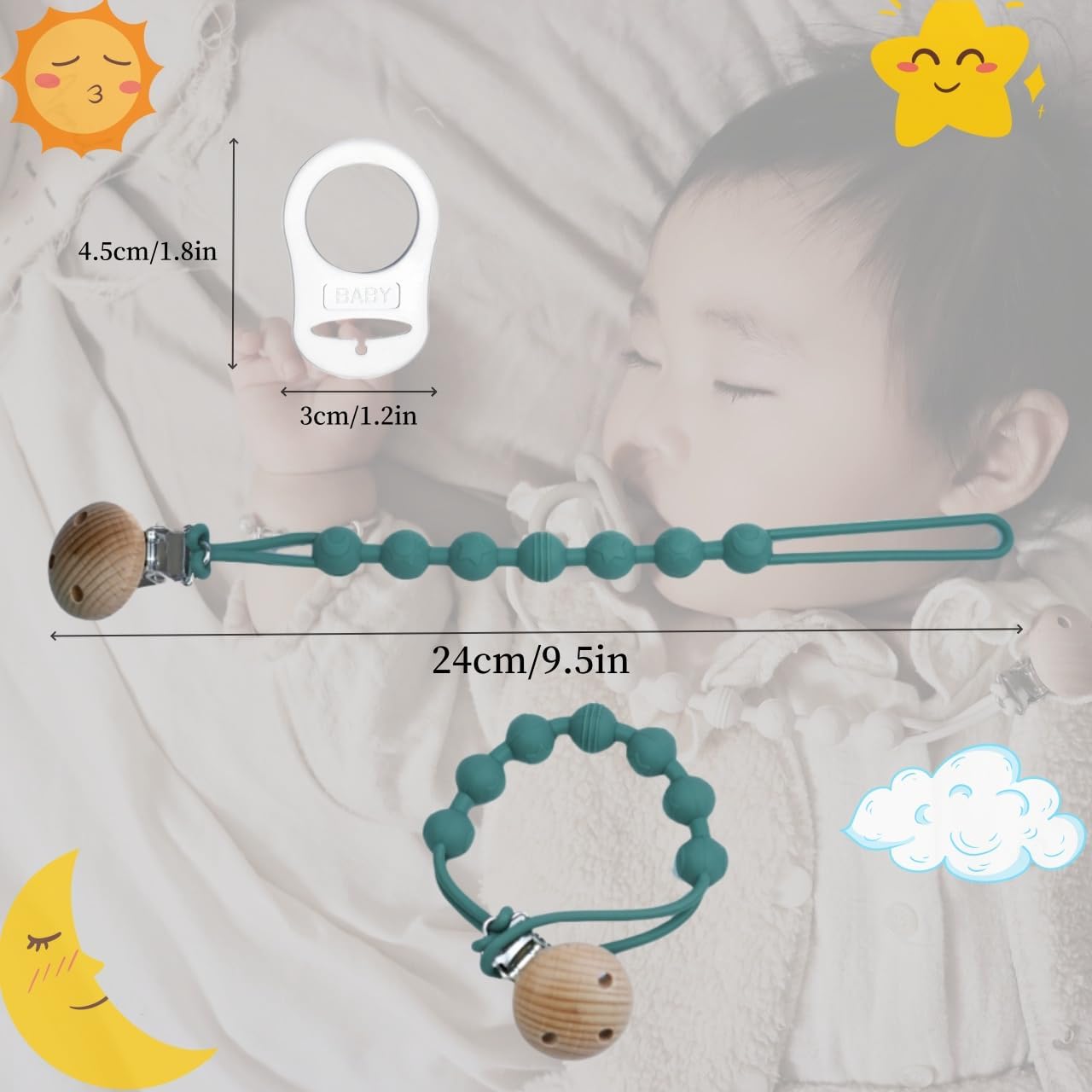 Catenella Portaciuccio In Silicone, Senza BPA, Confezione Da 1, Colore Verde + Bianco, Con Clip In Legno, Sicura E Lavabile, Regalo Neonato - 3