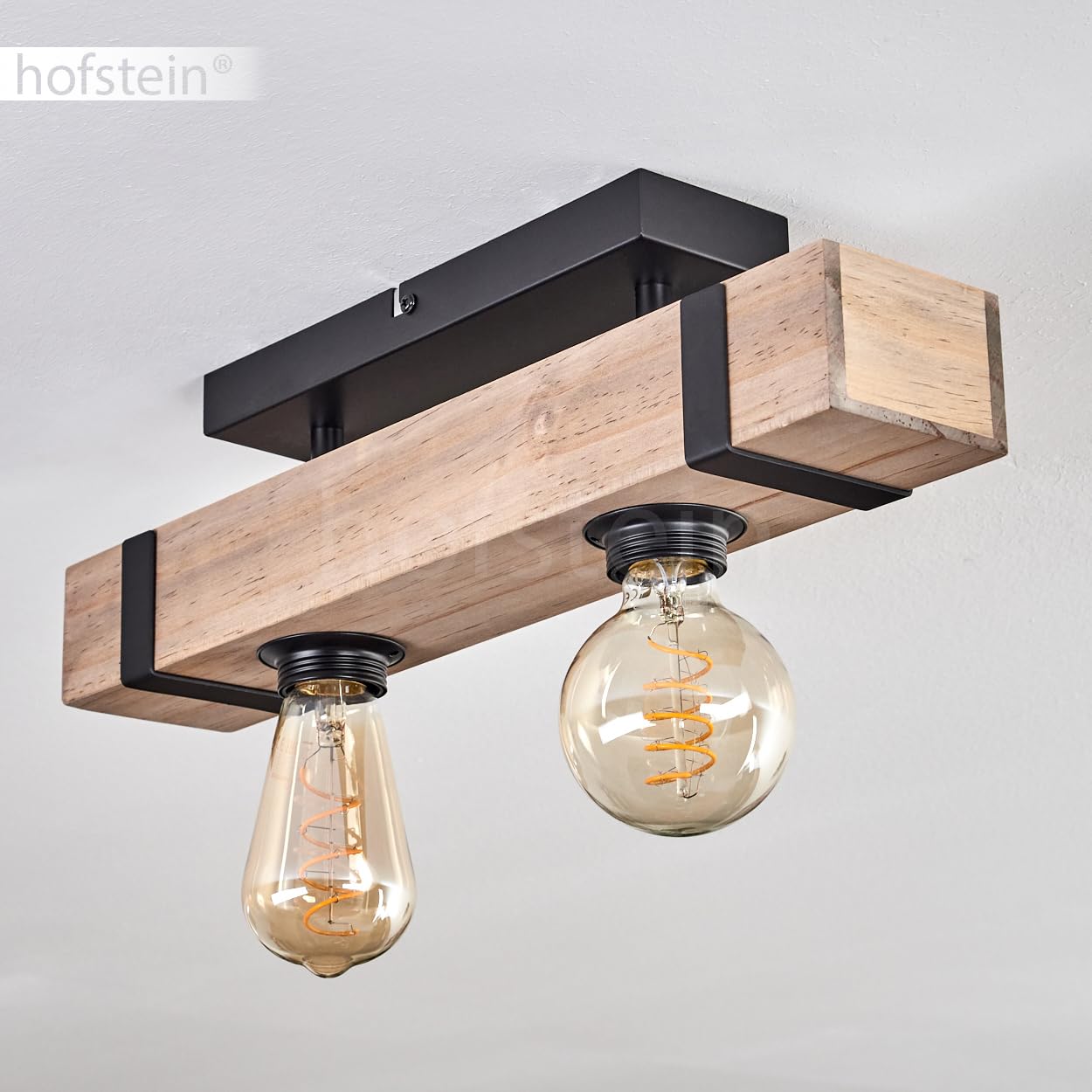 Lámpara de techo Montgomery, lámpara de techo moderna de metal/madera en color negro/natural, luminaria de diseño industrial con vigas de madera, 2 luces, 2 x E27, sin bombillas