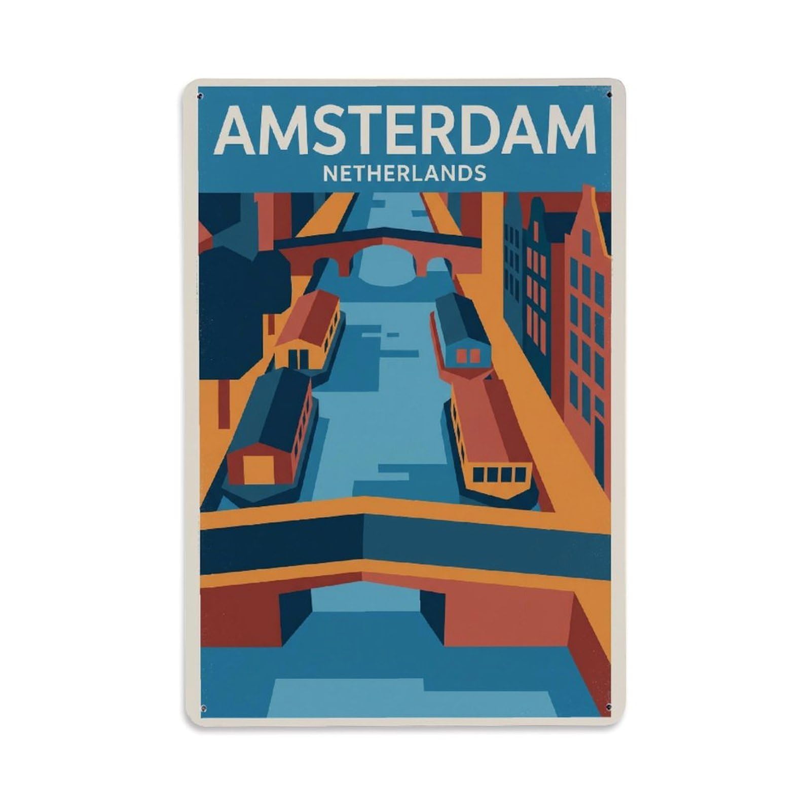 Vintage Travel Netherlands Amsterdam Metal Tin Sign Plaque Wall Decor for Cafe, Club Bar, Office, Garden Metal Poster 8x12Inch