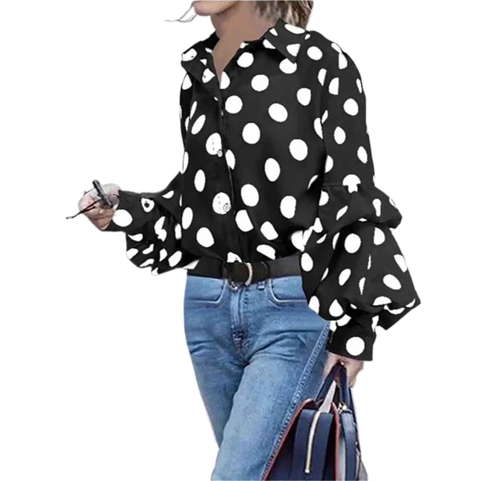 Blusas de Lunares Mujer Camisa de Mujer con Solapa Lunares en Blanco y Negro, Manga Larga, Botones Sueltos, Informal, for Oficina para el Verano