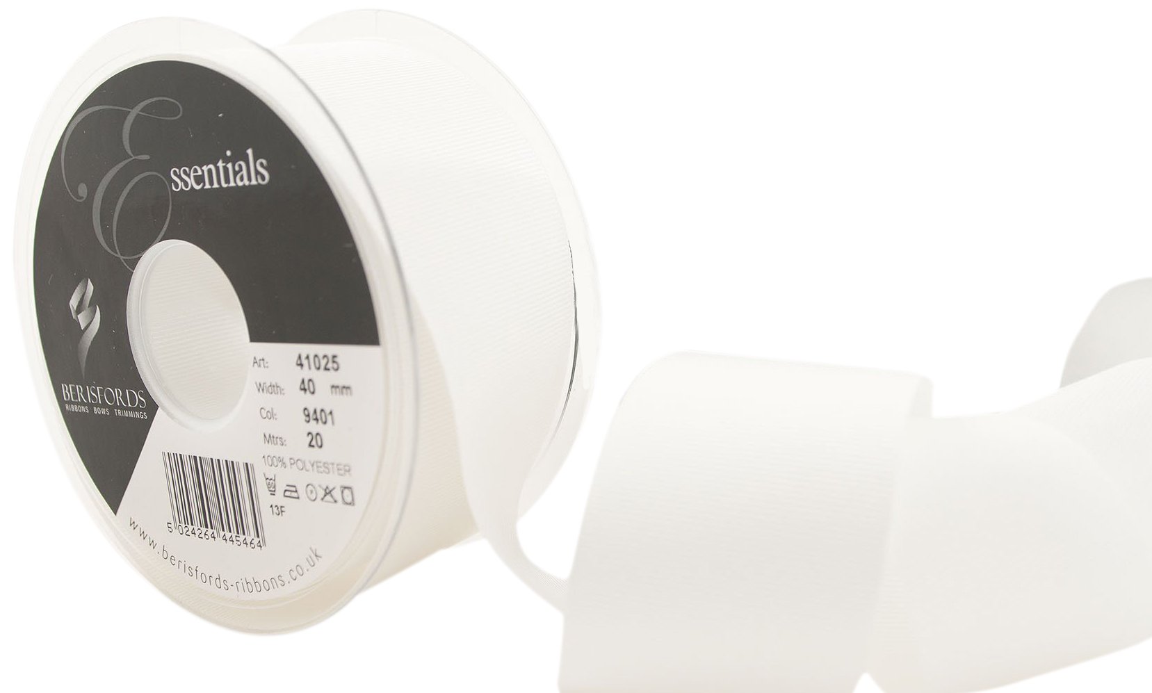 Berisfords 41025 20 m x 40 mm Polyester Grosgrain Ribbon, White