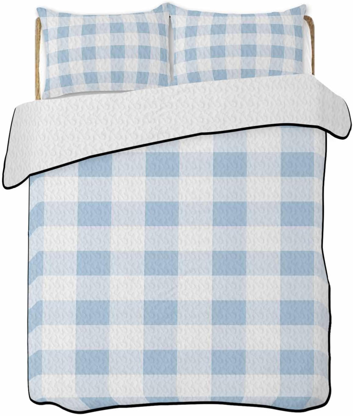 Wowouhiya Twin XL Quilt Sets, Blue Checkered Lightweight
