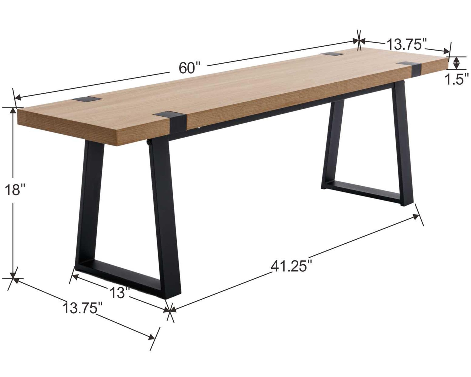 60" Wood Dining Bench with Black Metal Legs for Dining Room, Kitchen, Natural Oak