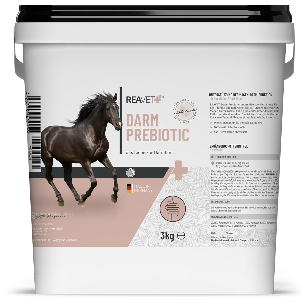 ReaVET Darm Prebiotic 3kg für Pferde zur Unterstützung der Darmflora & Verdauung - Magen Darm Pferd, Natürliche Darmkur, Getreidefreies Naturprodukt ohne Zusätze