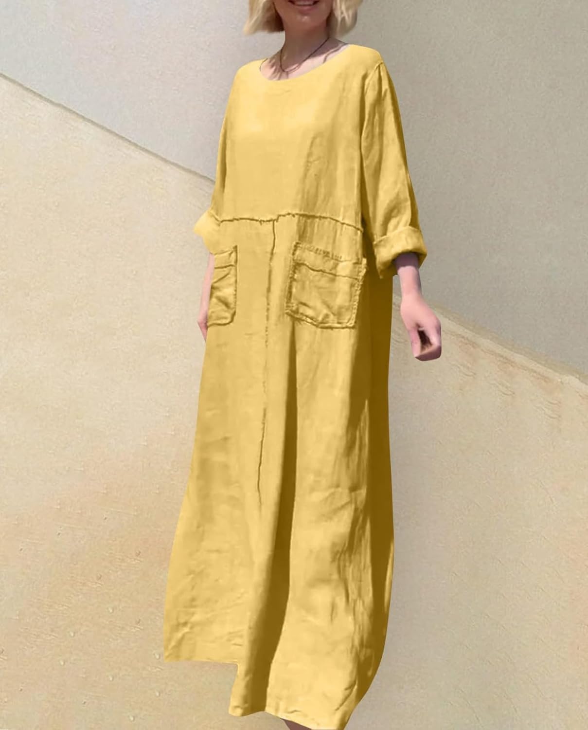 Women's Round Neck Cotton Linen Long Sleeve Dresses Casual Pleated Flowy Maxi Dress Beach Loose Dress with Pocket