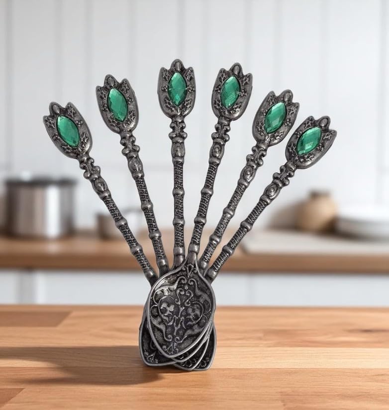 Miniatura 3 de Alisveristime Juego de 6 vasos de té turco hechos a mano Zamzam para servir vasos platillo y cuchara (negro)