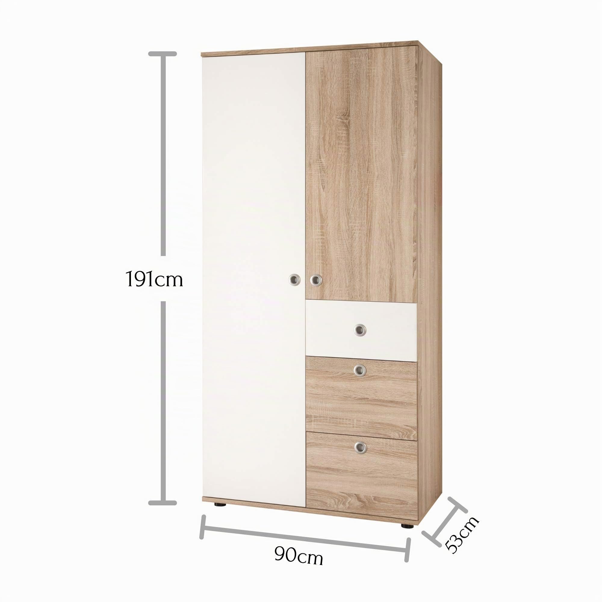 Stella Trading Wiki Armoire Élégante et Polyvalente, Grand Espace de Rangement, 2 Portes Battantes, Aspect Chêne Sonoma/Blanc, Dimensions (l x H x P) 90 x 191 x 53 cm