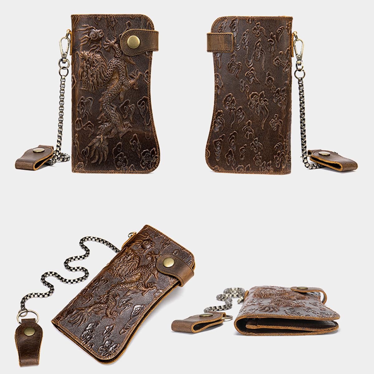 Men's Long Wallet, Genuine Leather Bifold Men Wallet with Chain