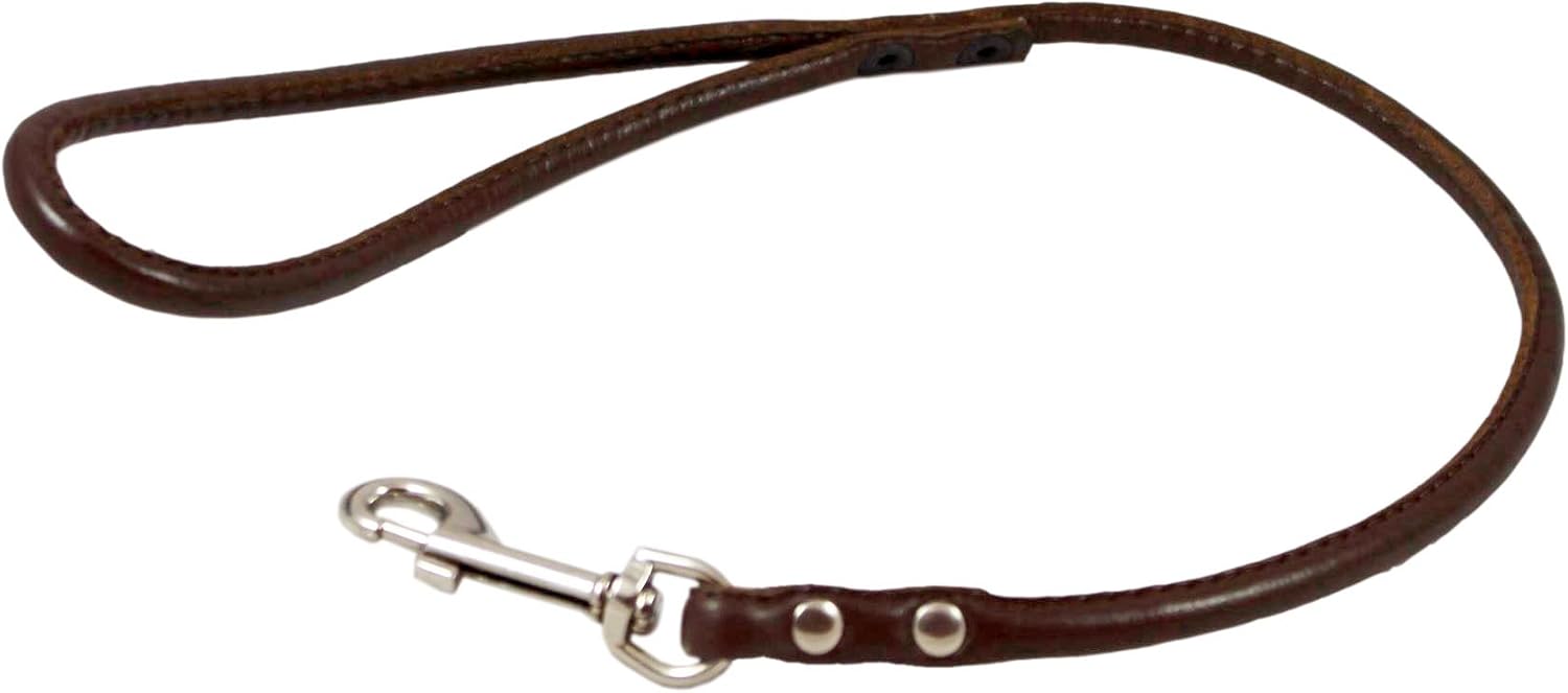 Round Genuine Rolled Leather Dog Short Leash 24" Long 3/8" Wide Brown for Medium Breeds