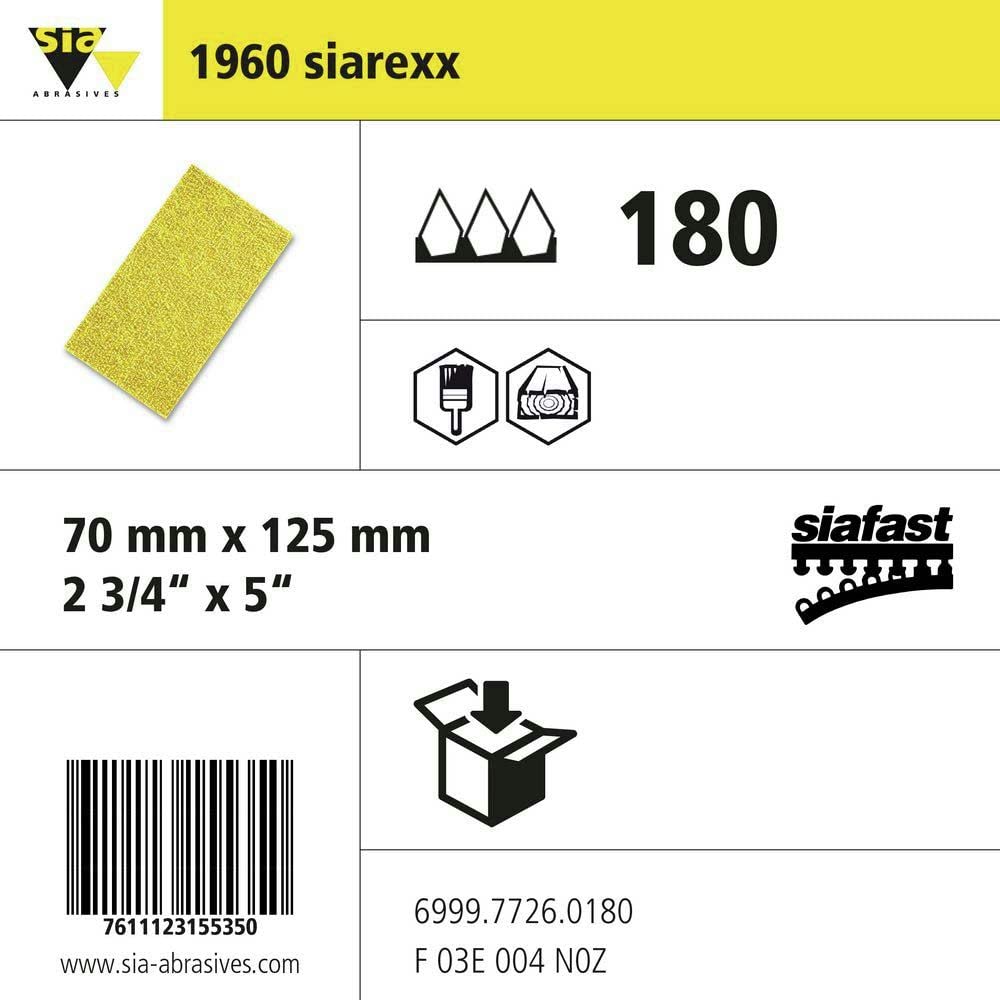 sia Abrasives 6999.7726.0180 Siarexx Siafast Serie 160 Papierstreifen ohne Loch, 125 mm x 70 mm, Körnung 180, 100 Stück