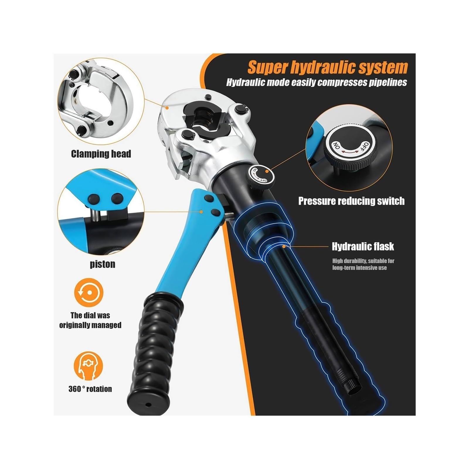 Expansor de tubo, Tubo Pex Hidráulico De Rotación 360 ​​°, Herramienta Prensado Tubos Plástico Y Aluminio, Mandíbulas TH, Kit Abrazadera Presión Plomería For Tuberías Calefacción Suelo