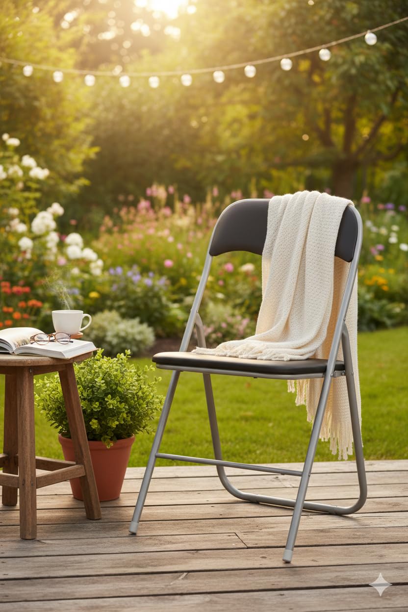 HAEST - Lot de 2 Chaises Pliantes, Chaise Pliante Rembourrée avec Cadre en Métal & Similicuir, Gain de Place, Charge Max. 100 kg, Idéale pour Cuisine & Jardin, Argent-Noir
