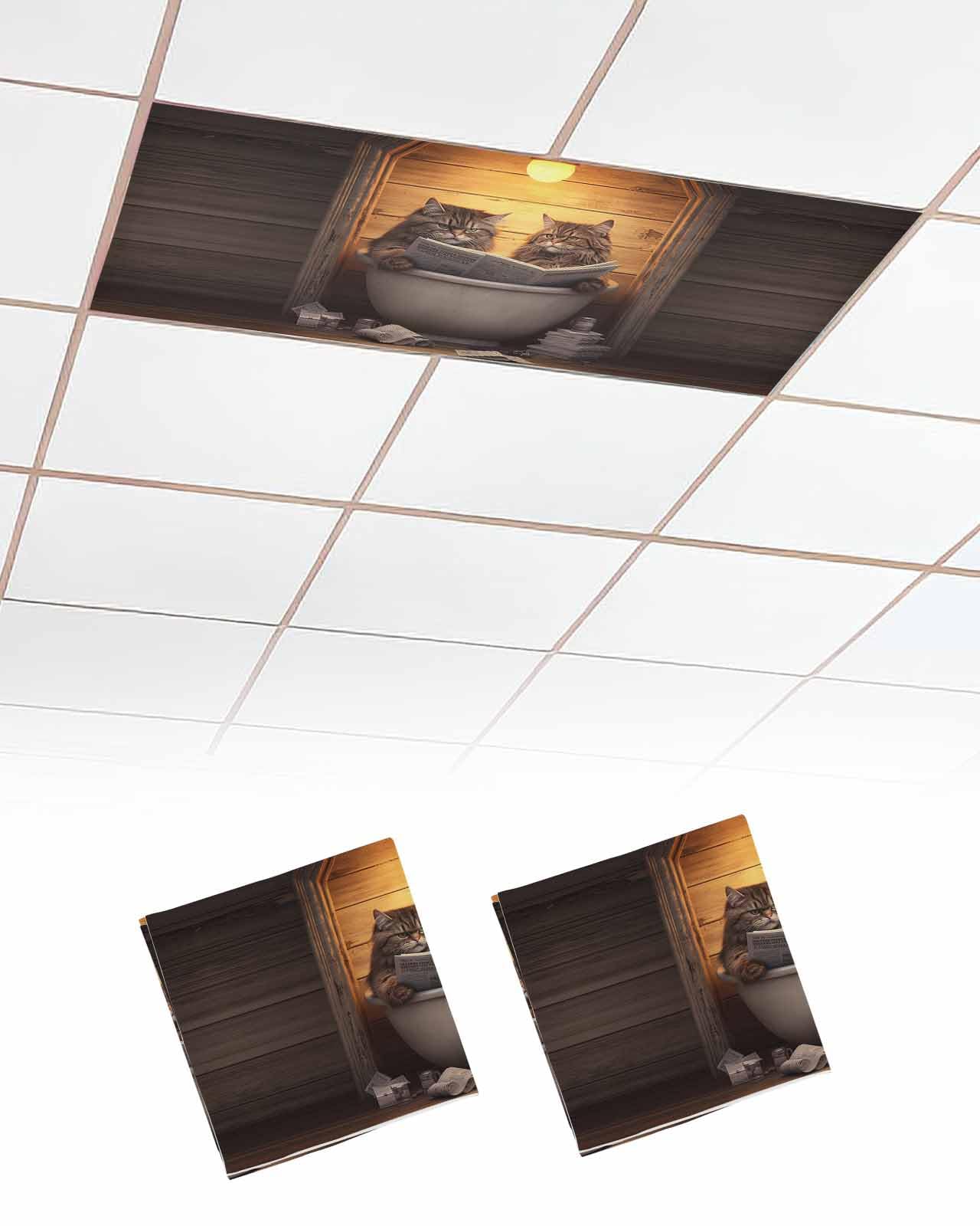 2 Pack Fluorescent Light Cover for Classroom Ceiling Light, Cat Newspaper Magnetic Light Cover Filters, Kitten on Bathtub Light Covers for Office