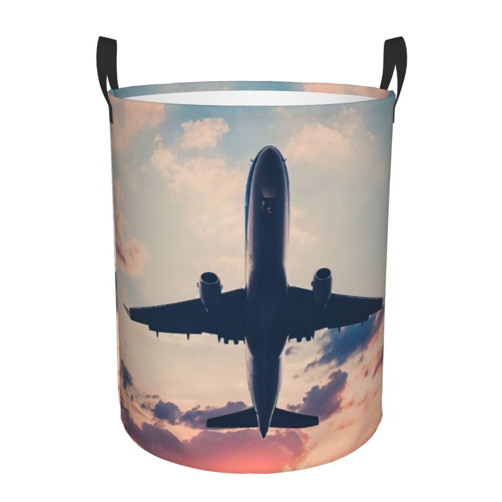 Panier pour le rangement de couvertures et linge à motif avion coucher de soleil